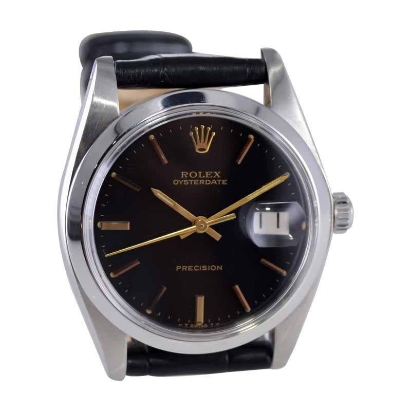 Rolex Steel Oysterdate with Rare Factory Black Dial and Gilt Numbers, 1978 or 79 For Sale 3