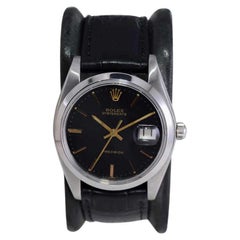 Retro Rolex Steel Oysterdate with Rare Factory Black Dial and Gilt Numbers, 1978 or 79