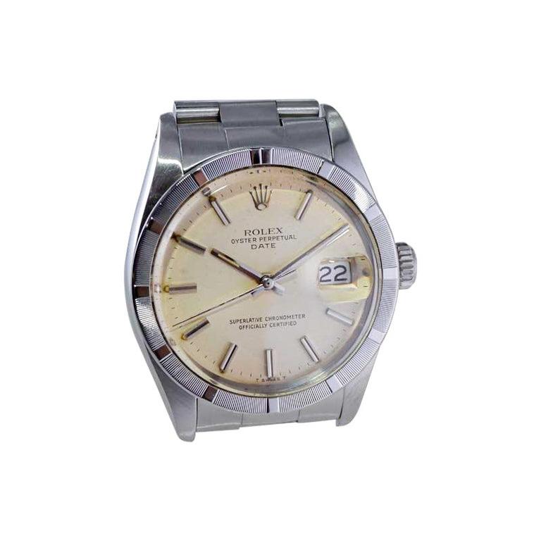 Women's or Men's Rolex Steel Oyster Perpetual Date with Exceptional Patinated Dial 1970's For Sale
