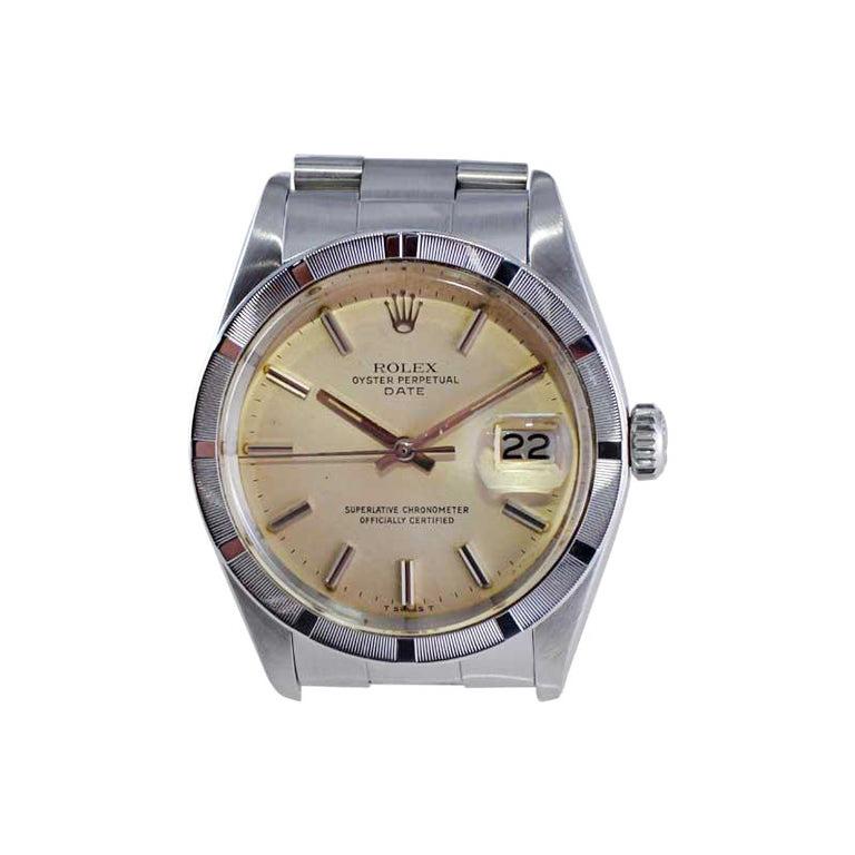Modernist Rolex Steel Oyster Perpetual Date with Exceptional Patinated Dial 1970's For Sale