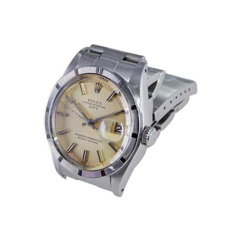 Rolex Steel Oyster Perpetual Date with Exceptional Patinated Dial 1970's For Sale 1