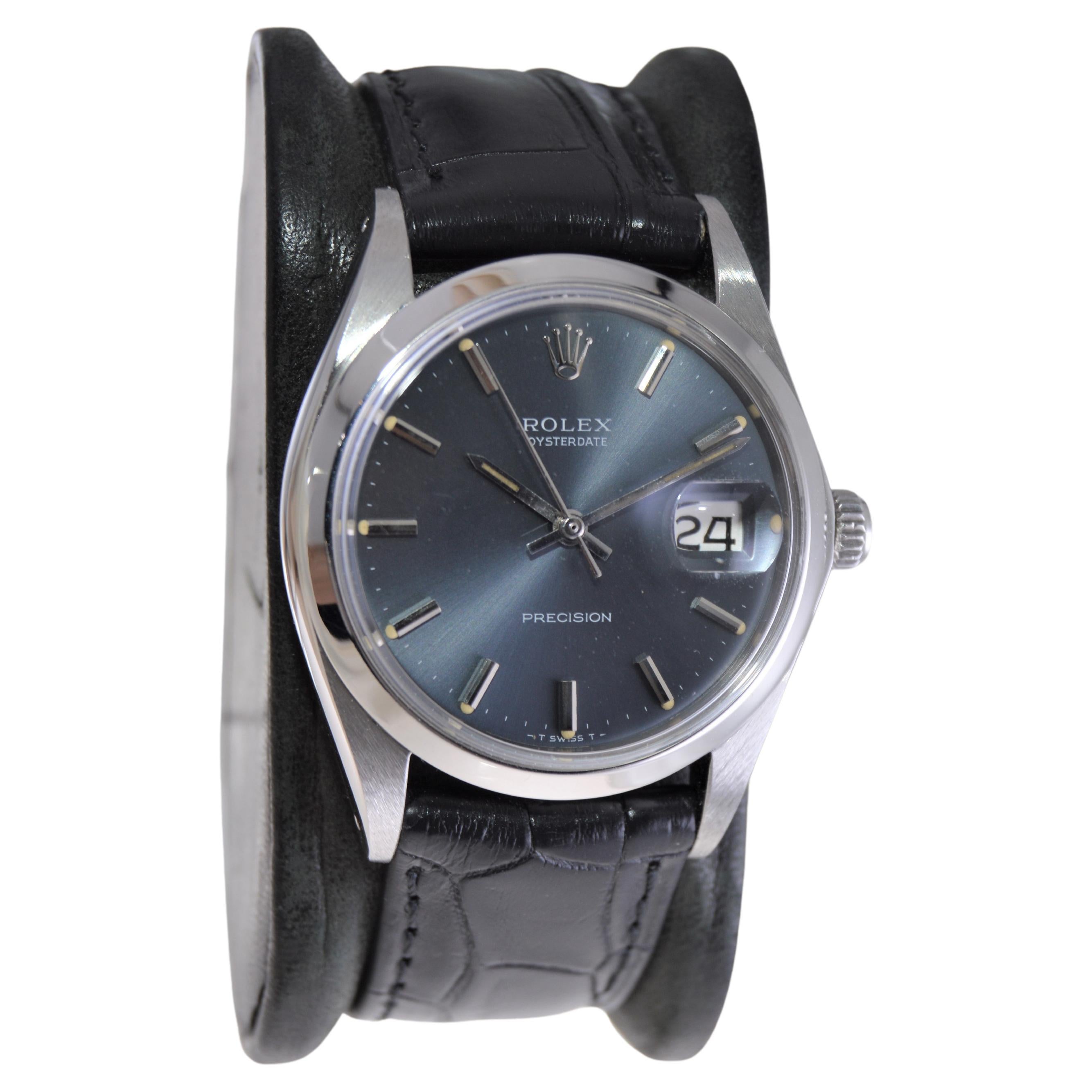 Modern Rolex Steel Oysterdate with Factory Original Dark Blue Sunburst Dial, 1970s For Sale