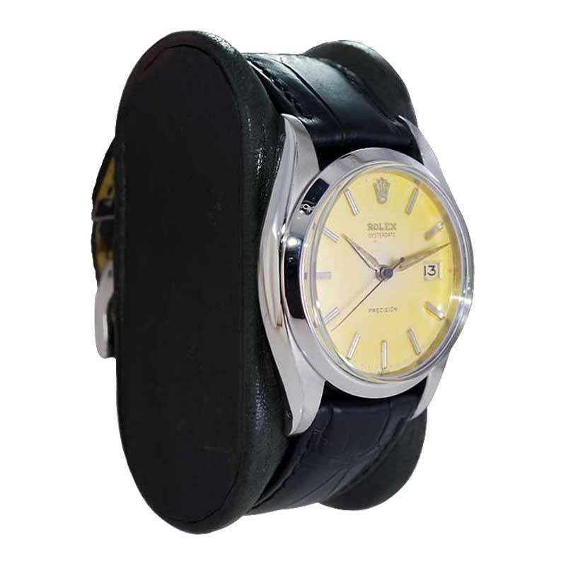 FACTORY / HOUSE: Rolex Factory House
STYLE / REFERENCE: Oysterdate / Reference 6694
METAL / MATERIAL: Stainless Steel
CIRCA / YEAR: 1959
DIMENSIONS / SIZE: Length 43mm X Diameter 34mm
MOVEMENT / CALIBER: Manual Winding / 17 Jewels / Caliber