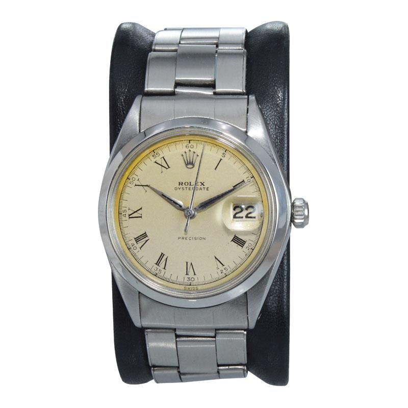 Art Deco Rolex Steel Oysterdate with Rare Original Dial and Riveted Bracelet, circa 1956