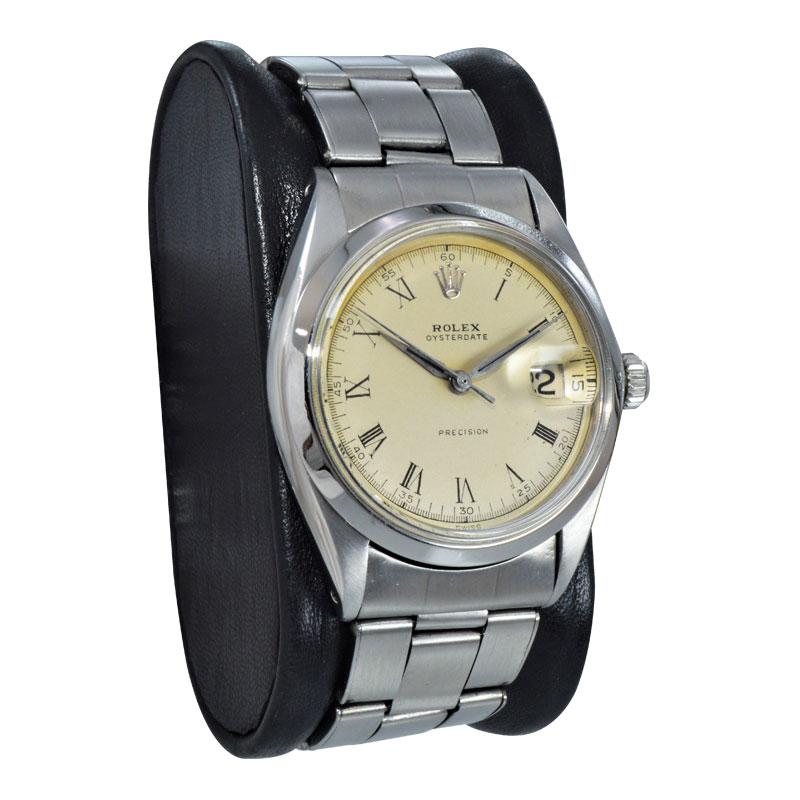 Women's or Men's Rolex Steel Oysterdate with Rare Original Dial and Riveted Bracelet, circa 1956