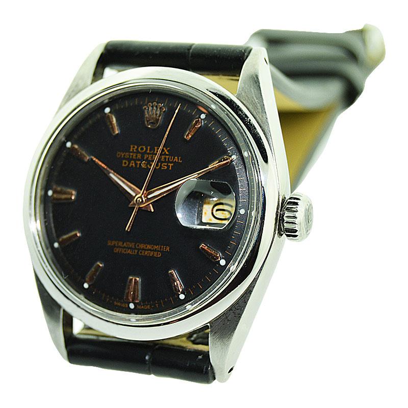 FACTORY / HOUSE: Rolex Watch Company
STYLE / REFERENCE: Datejust / Reference 1603
METAL / MATERIAL: Stainless Steel / Blackened
CIRCA / YEAR: Late 1970's
DIMENSIONS / SIZE: Length 43mm X Diameter 36mm
MOVEMENT / CALIBER: Perpetual Winding / 26