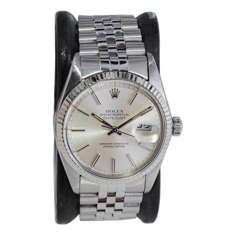 Women's or Men's Rolex Steel Quickset Datejust with Exceptional Original Silver Dial 1970's For Sale