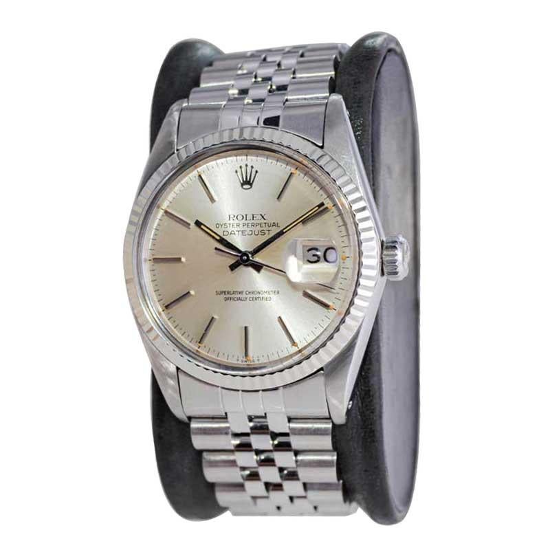 Women's or Men's Rolex Steel Quickset Datejust with Exceptional Original Silver Dial 1970's For Sale