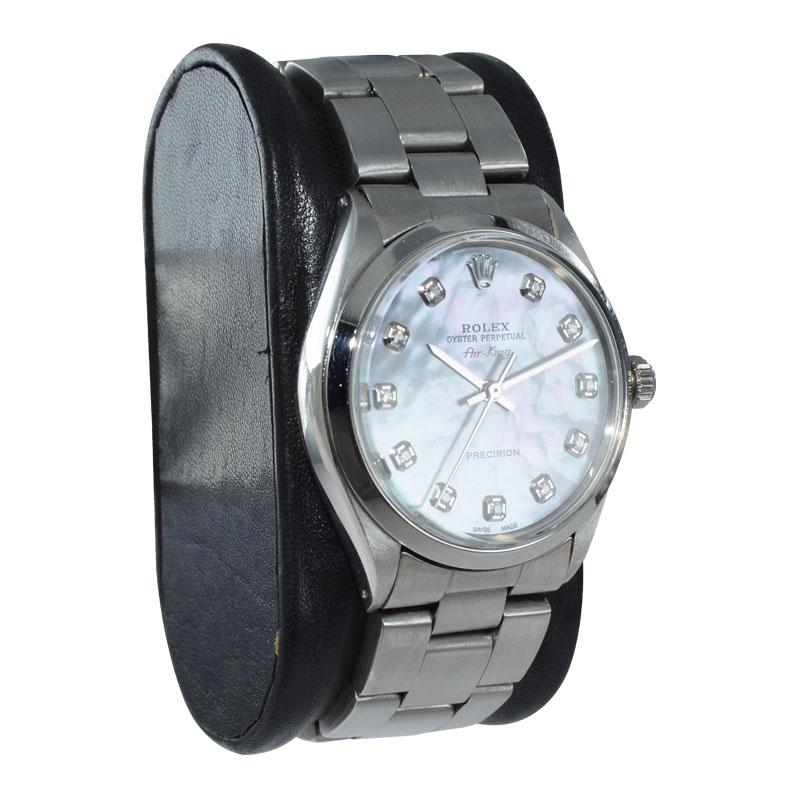 Modern Rolex Steel Oyster Perpetual Air King Custom M.O.P. Diamond Dial, circa 1970's For Sale