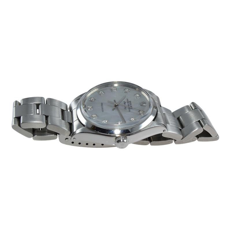 Women's or Men's Rolex Steel Oyster Perpetual Air King Custom M.O.P. Diamond Dial, circa 1970's For Sale