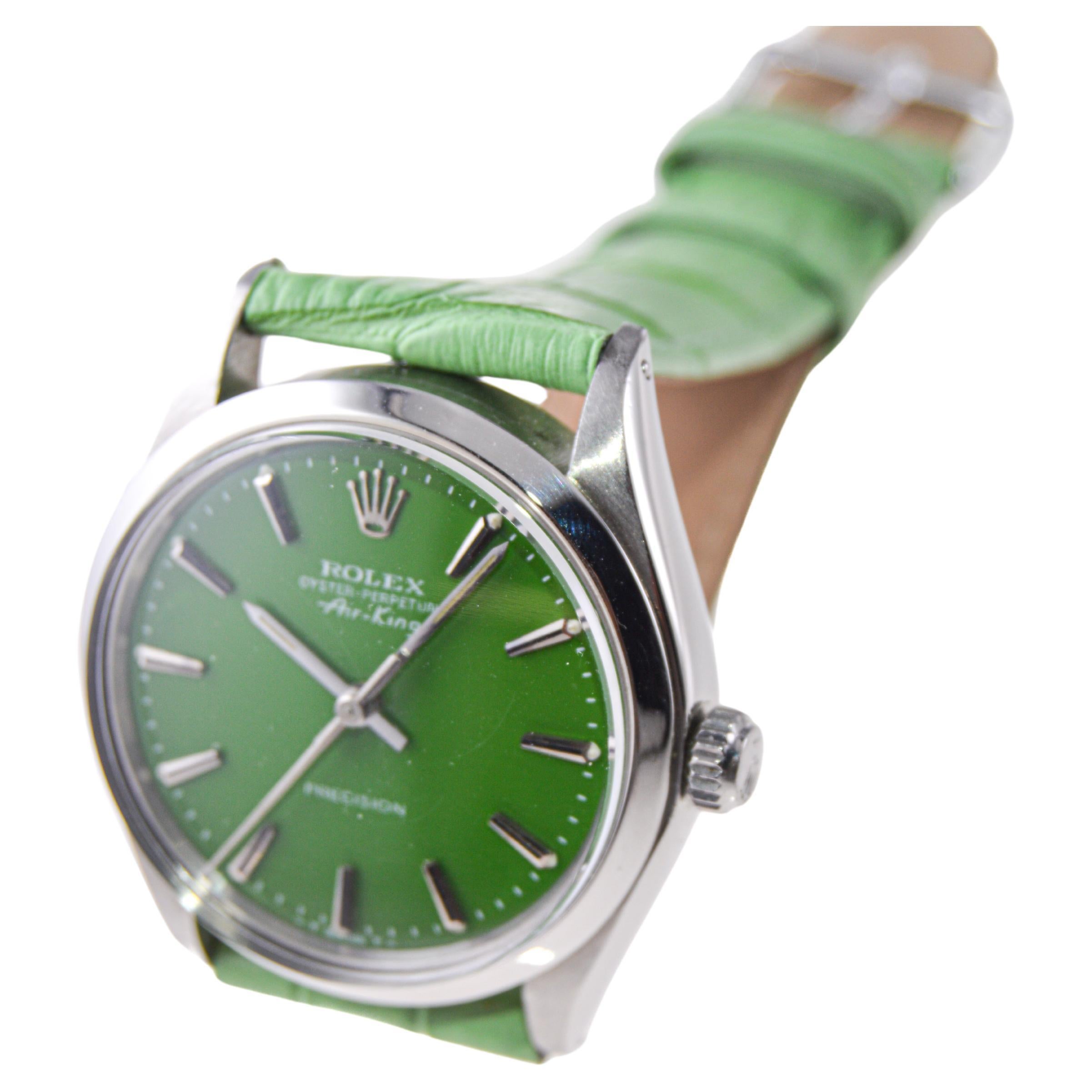 Rolex Steel Oyster Perpetual Air King with Custom Finished Green Dial, 1970's For Sale 2