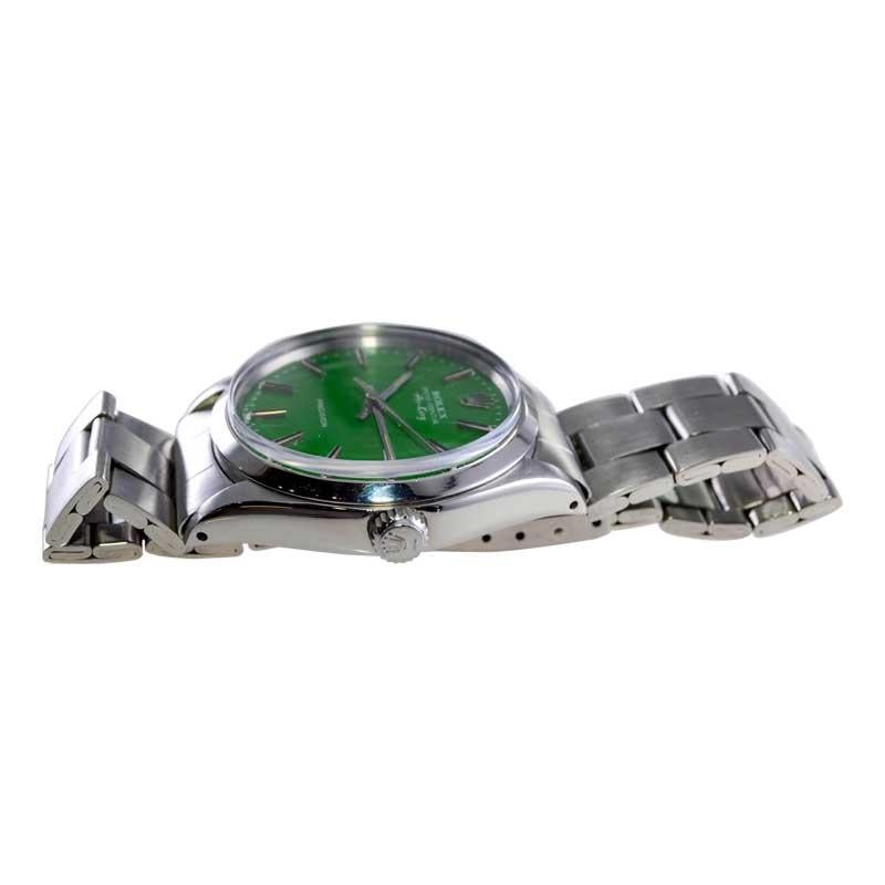 Rolex Steel Oyster Perpetual Air King with Custom Finished Green Dial, 1970's For Sale 3