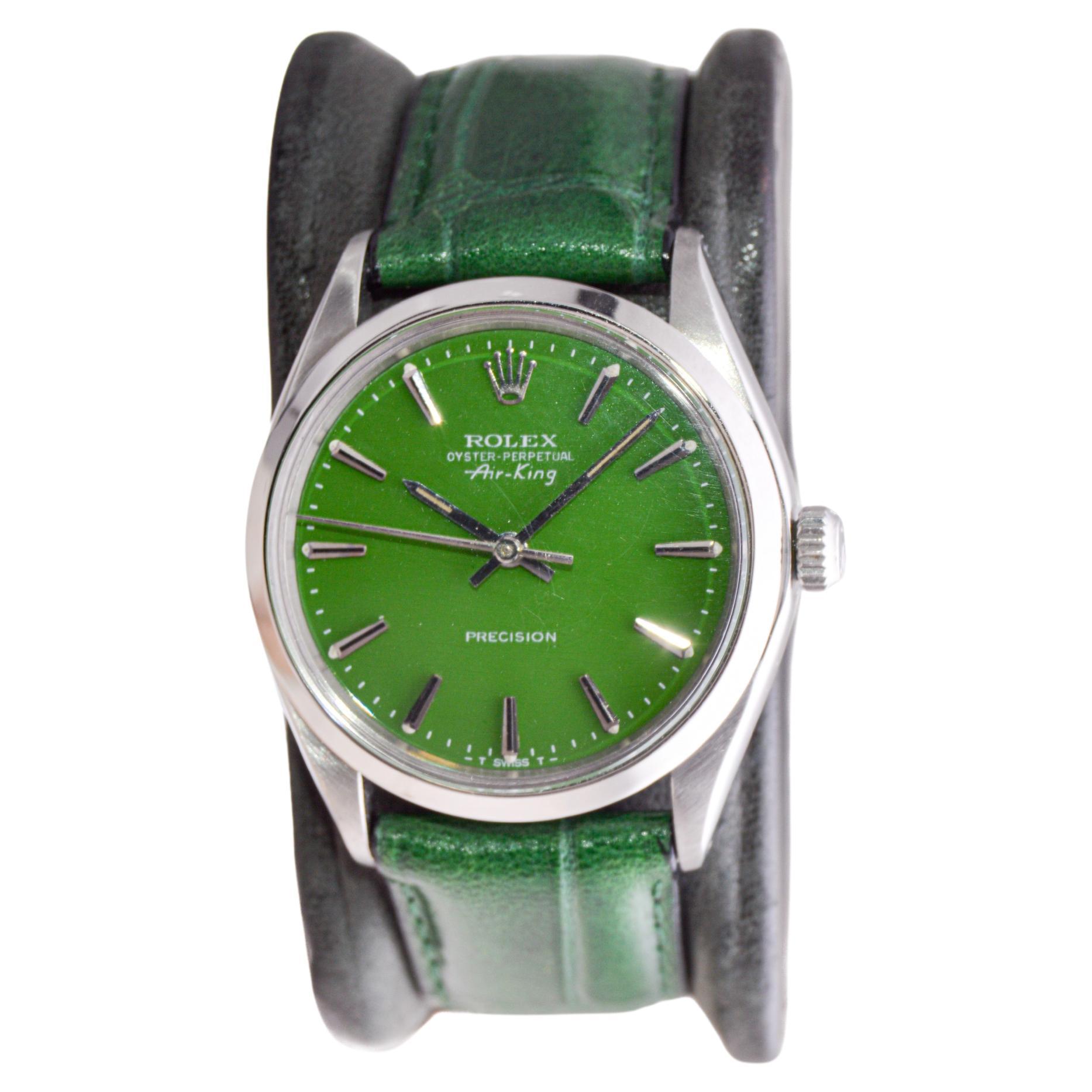 Modern Rolex Steel Oyster Perpetual Air King with Custom Finished Green Dial, 1970's For Sale