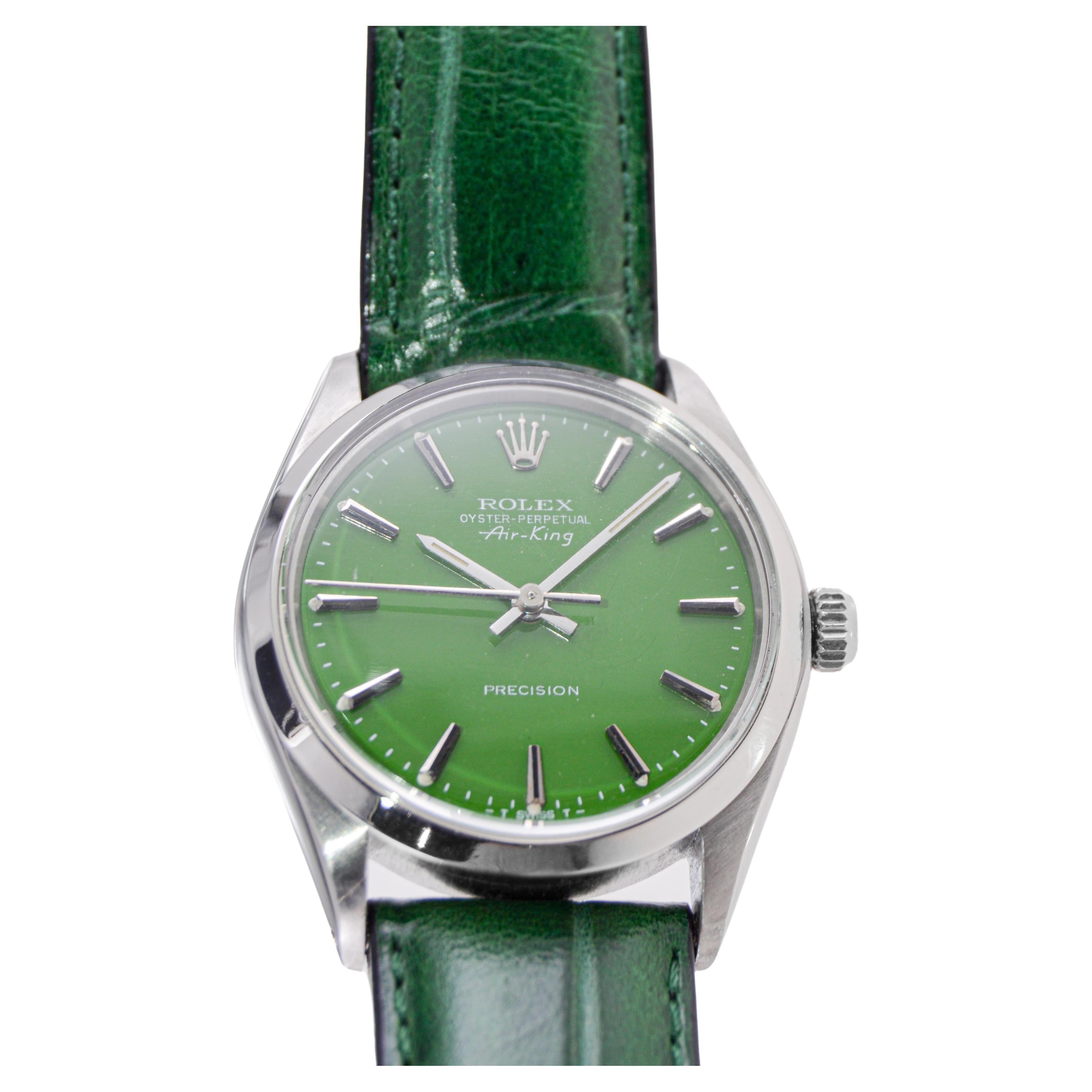 Rolex Steel Oyster Perpetual Air King with Custom Finished Green Dial, 1970's In Excellent Condition For Sale In Long Beach, CA