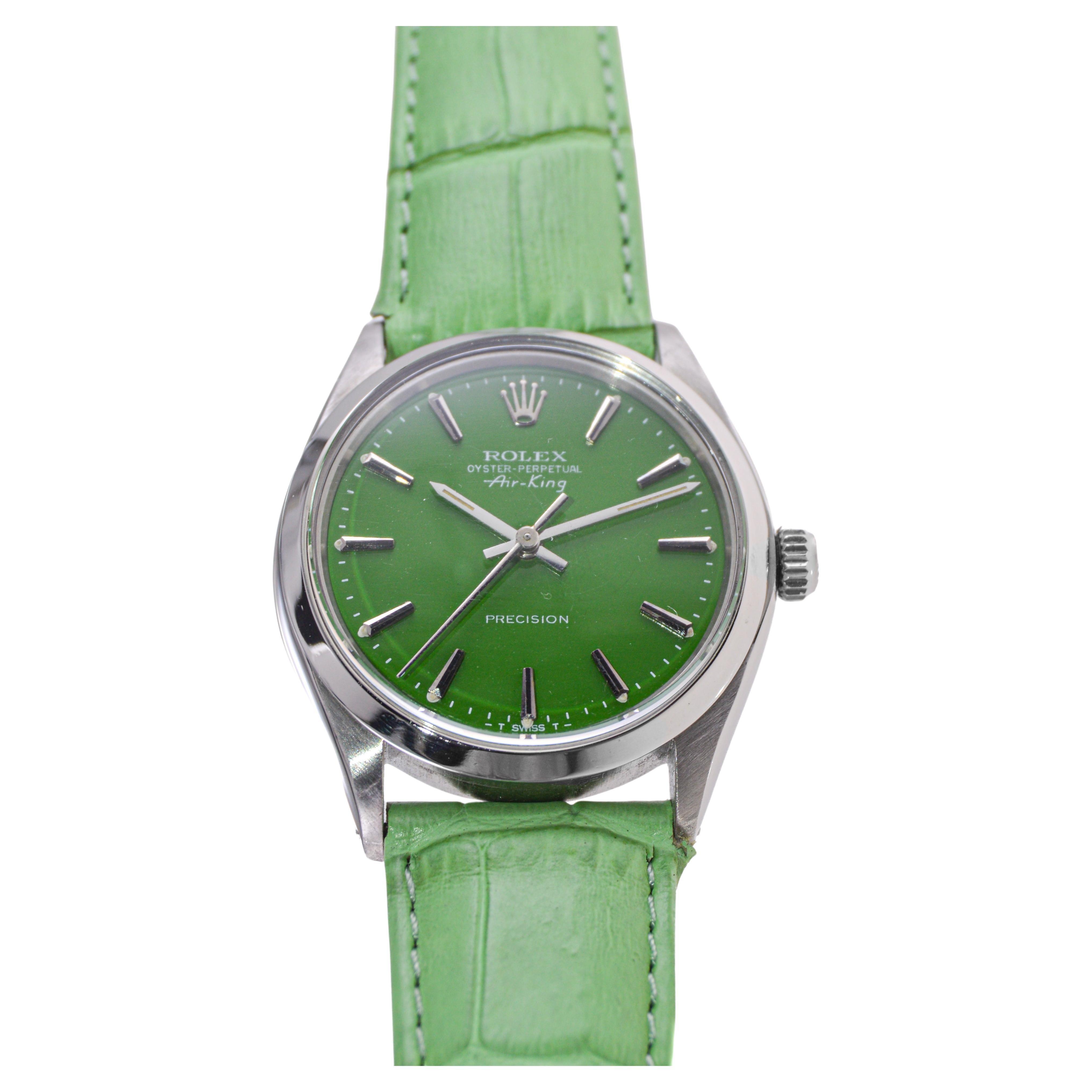Modern Rolex Steel Oyster Perpetual Air King with Custom Finished Green Dial, 1970's For Sale