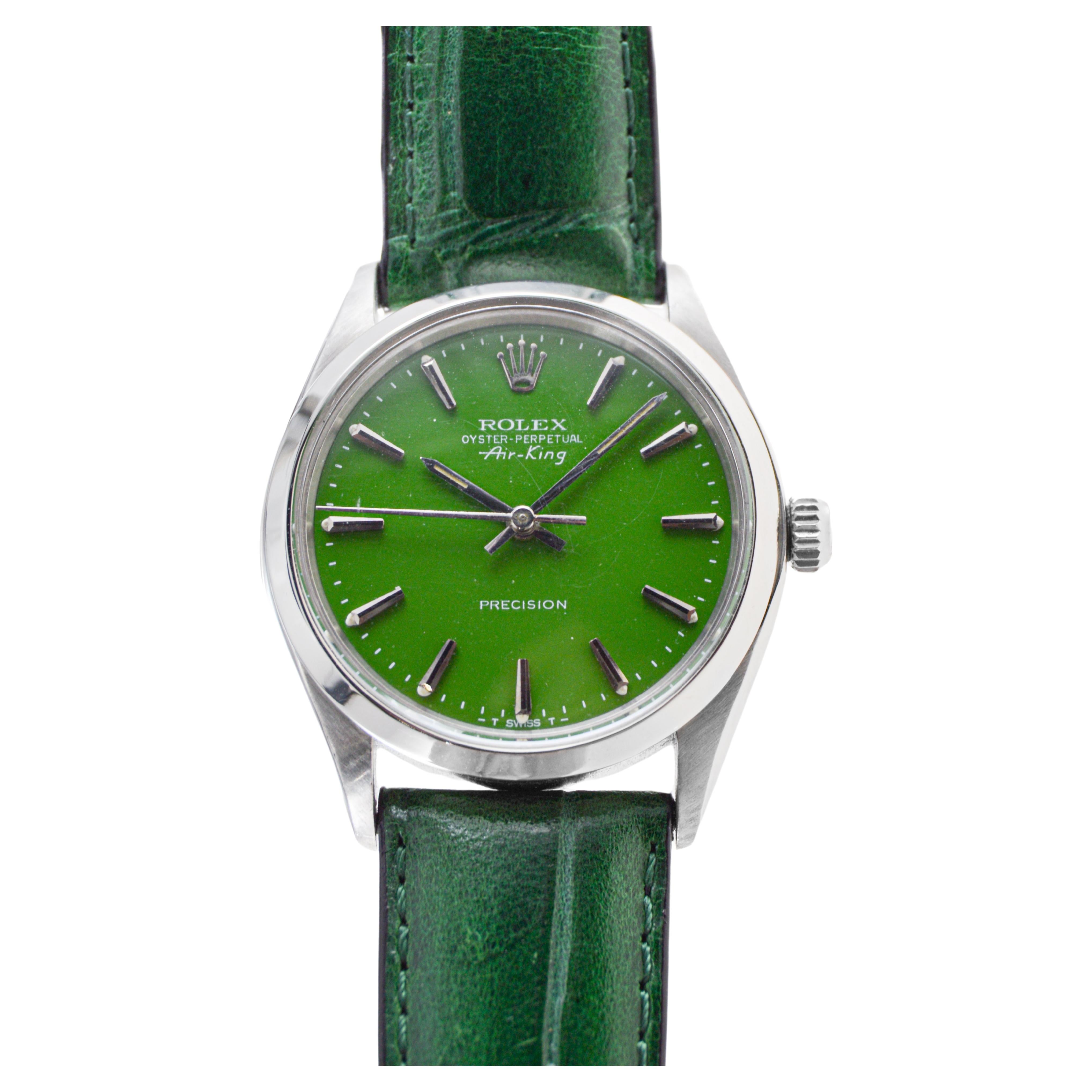 Women's or Men's Rolex Steel Oyster Perpetual Air King with Custom Finished Green Dial, 1970's For Sale