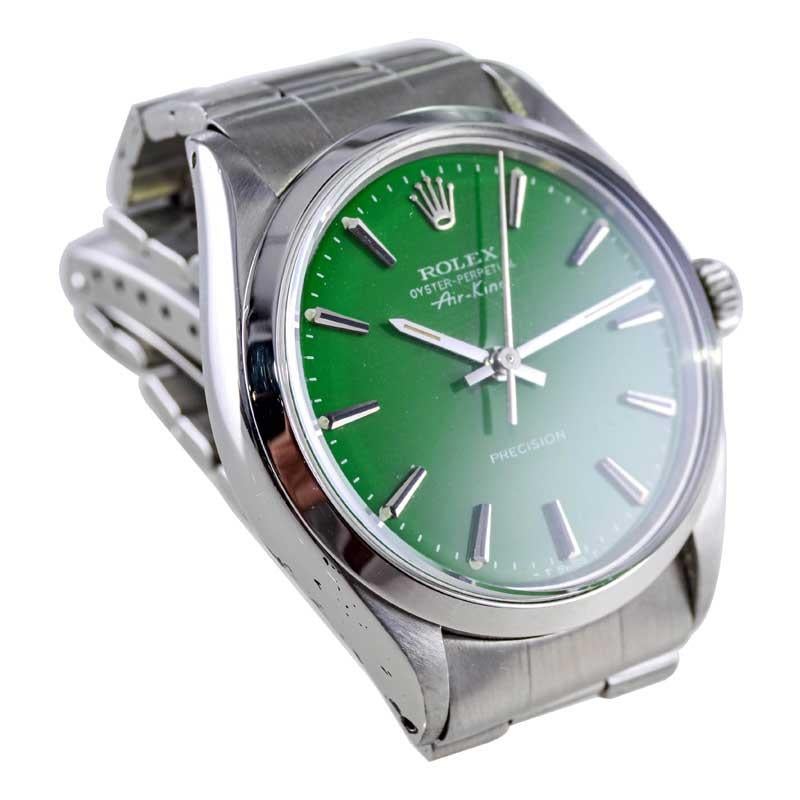 Modernist Rolex Steel Oyster Perpetual Air King with Custom Finished Green Dial, 1970's For Sale