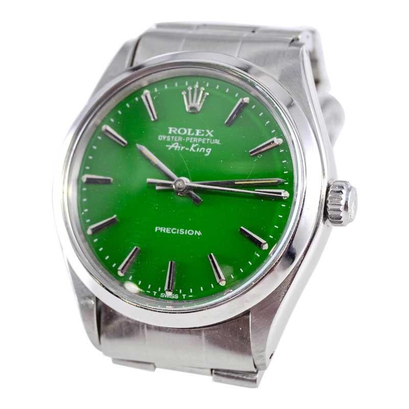 Rolex Steel Oyster Perpetual Air King with Custom Finished Green Dial, 1970's In Excellent Condition For Sale In Long Beach, CA
