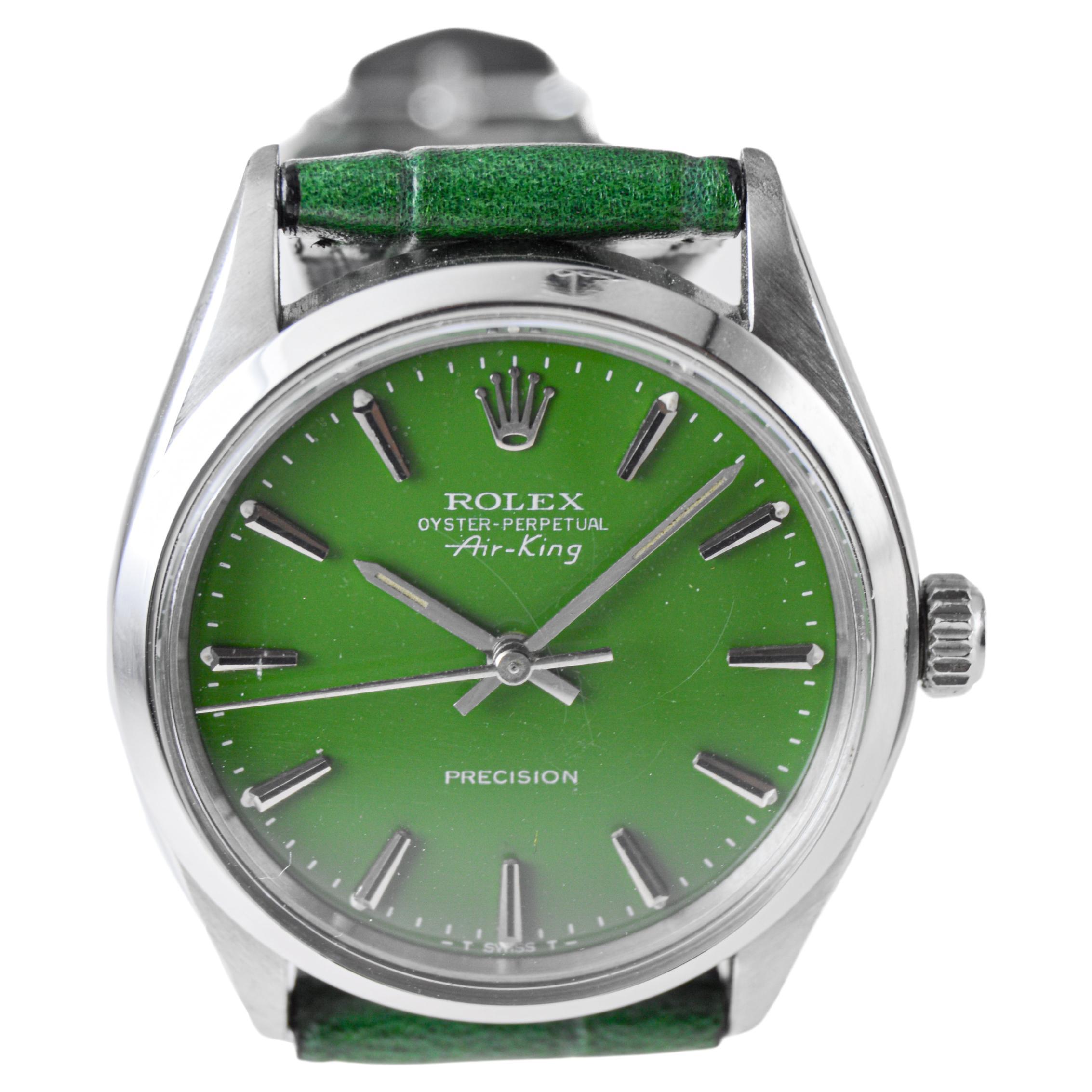 Rolex Steel Oyster Perpetual Air King with Custom Finished Green Dial, 1970's For Sale 2