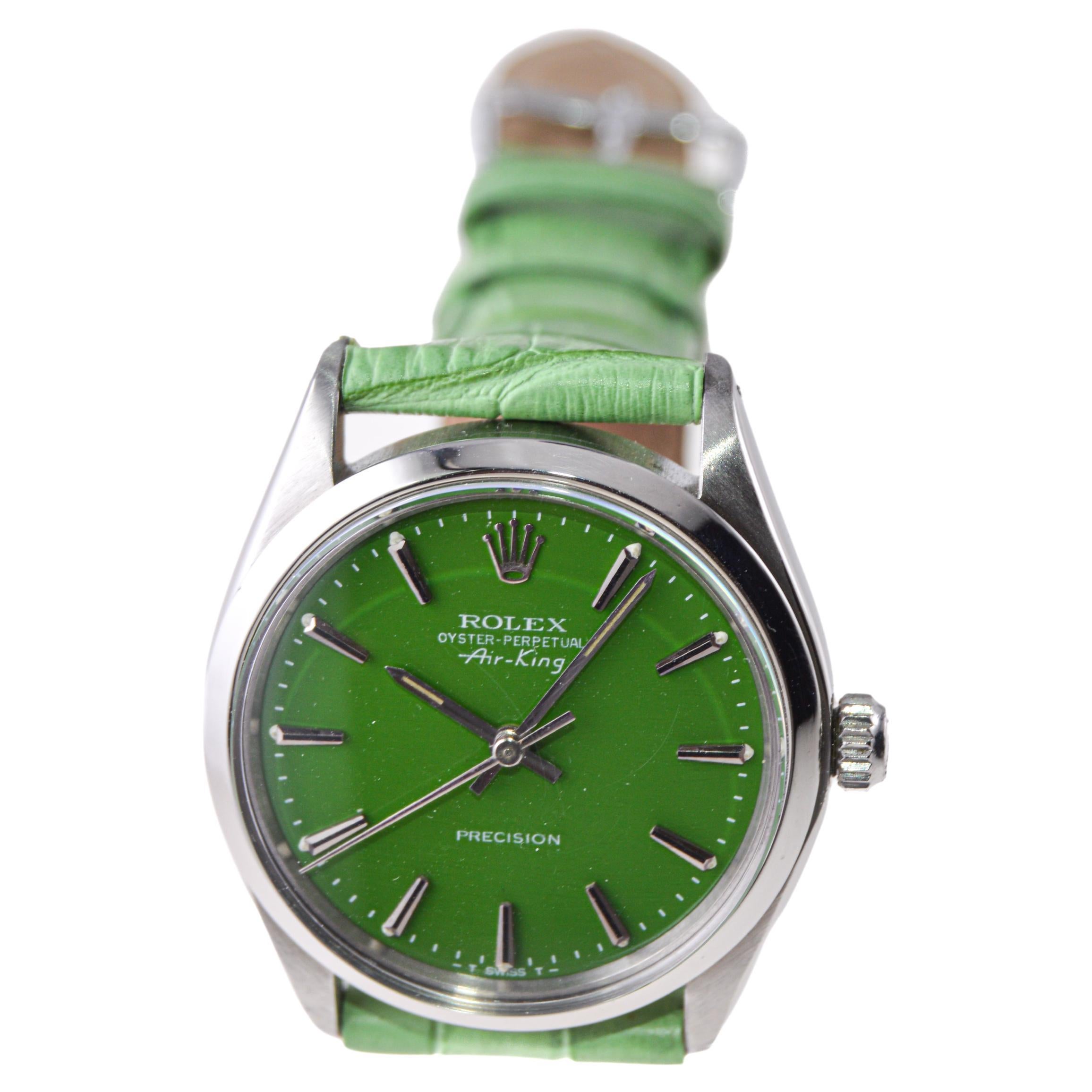 Rolex Steel Oyster Perpetual Air King with Custom Finished Green Dial, 1970's For Sale 1