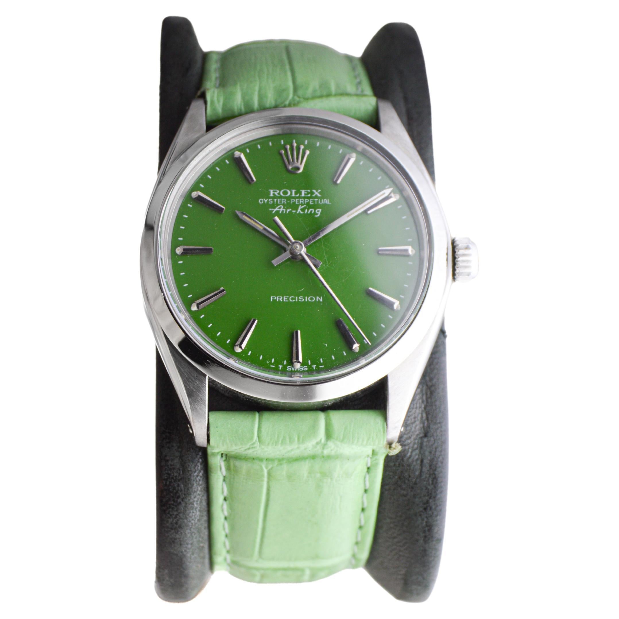 Rolex Steel Oyster Perpetual Air King with Custom Finished Green Dial, 1970's For Sale