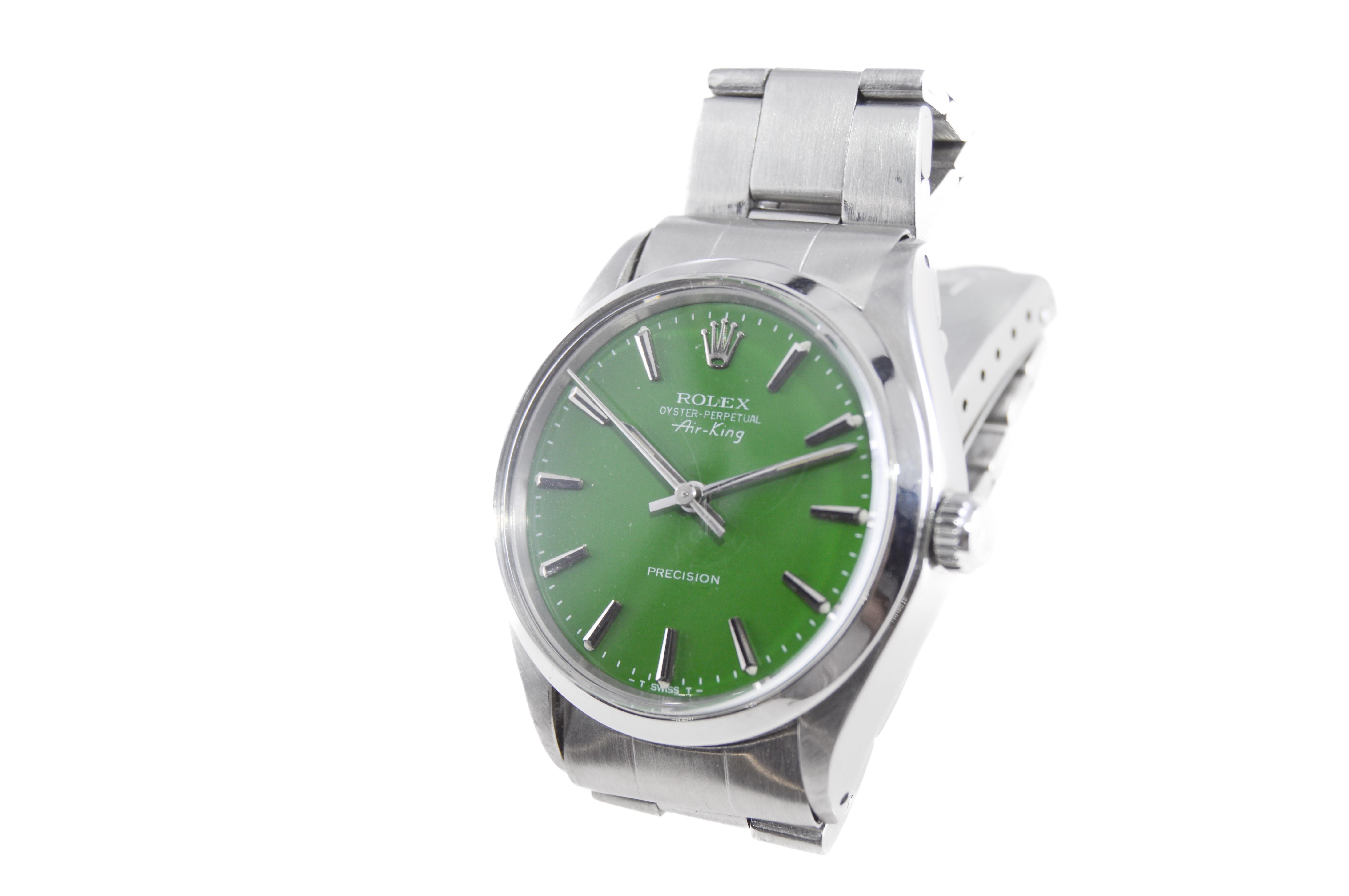 Rolex Steel Oyster Perpetual Air King with Custom Green Dial, 1960s In Excellent Condition For Sale In Long Beach, CA