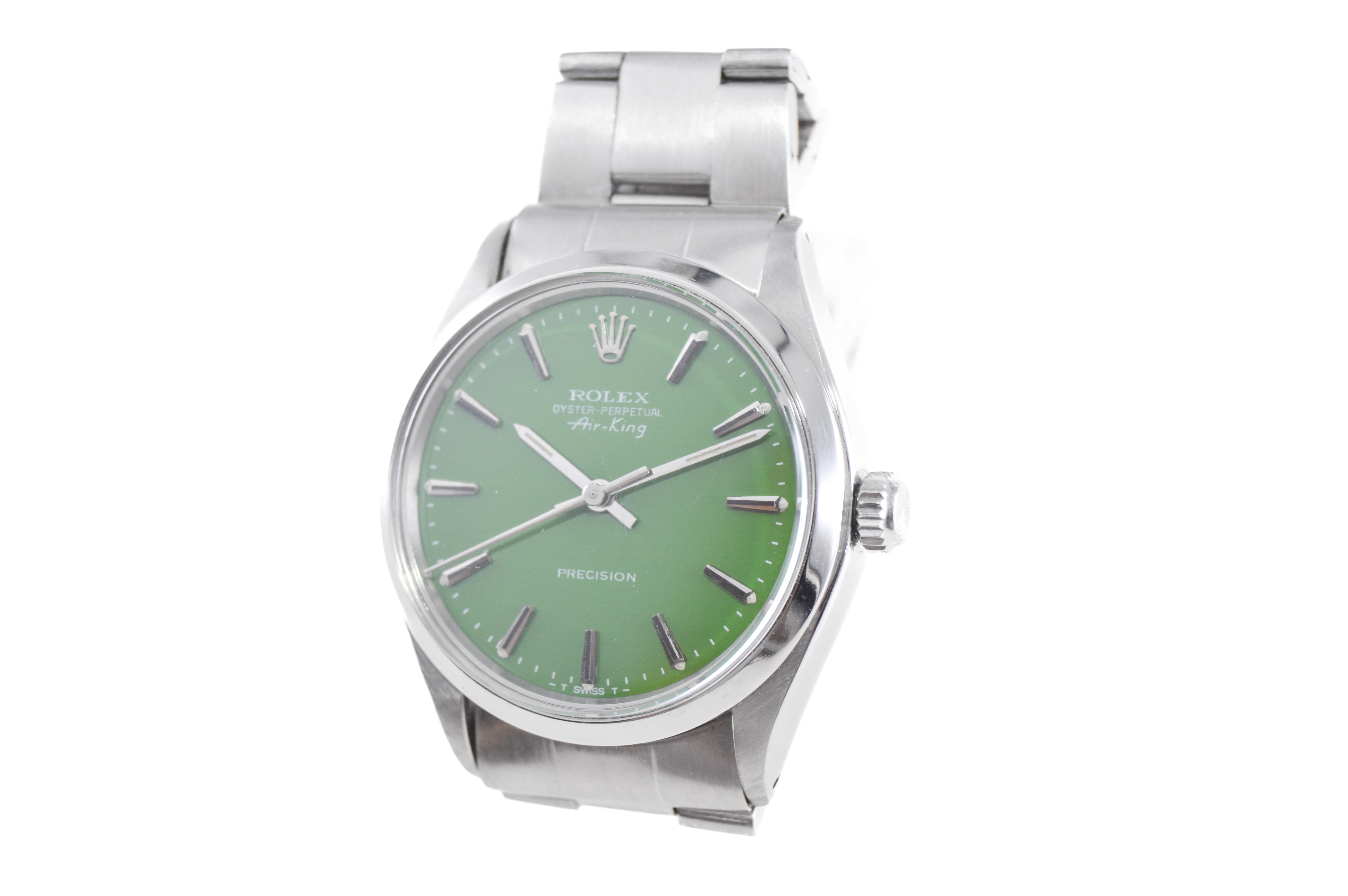 Women's or Men's Rolex Steel Oyster Perpetual Air King with Custom Green Dial, 1960s For Sale