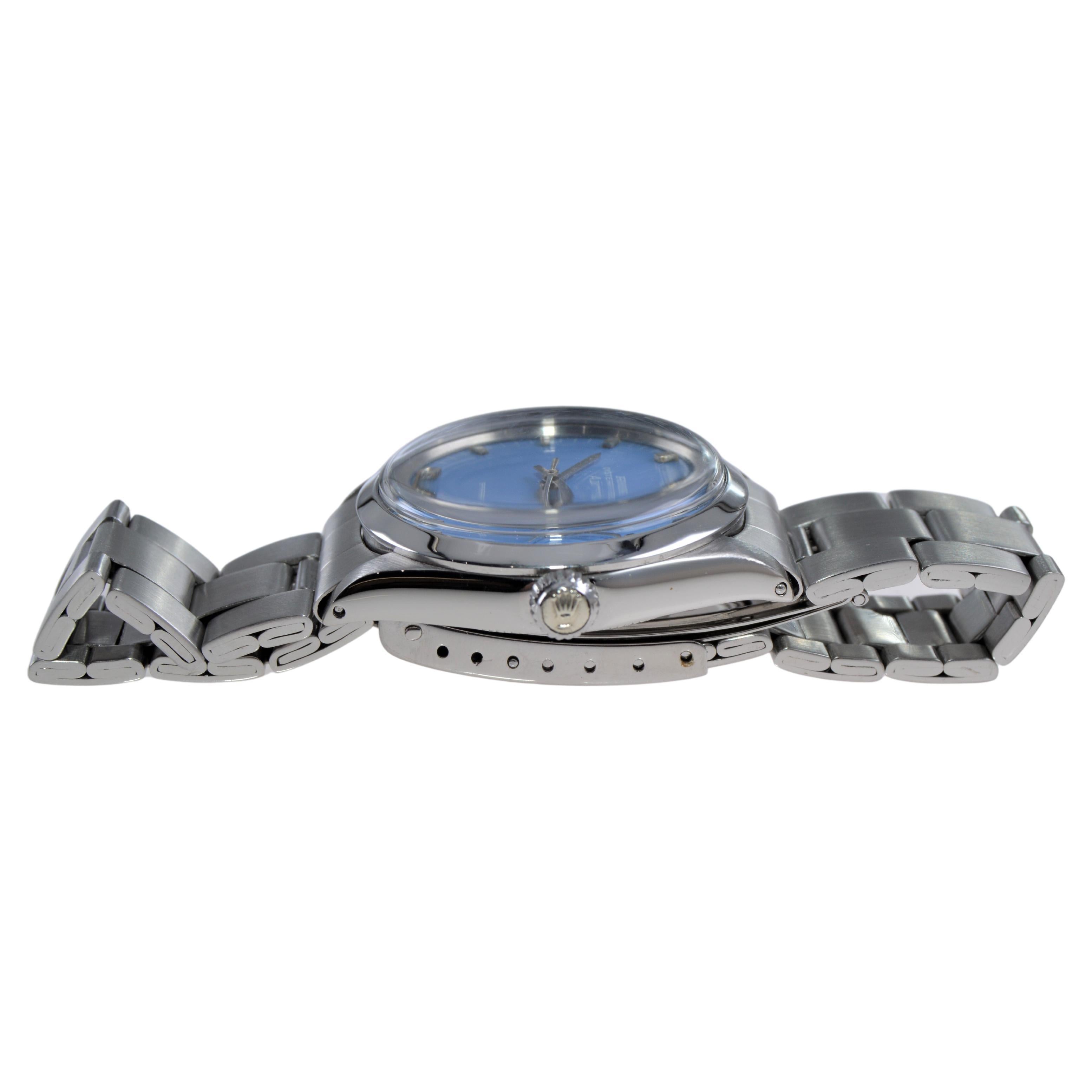 Moderne Rolex Montre Oyster Perpetual Air King en acier avec cadran bleu clair personnalisé, 1970 en vente