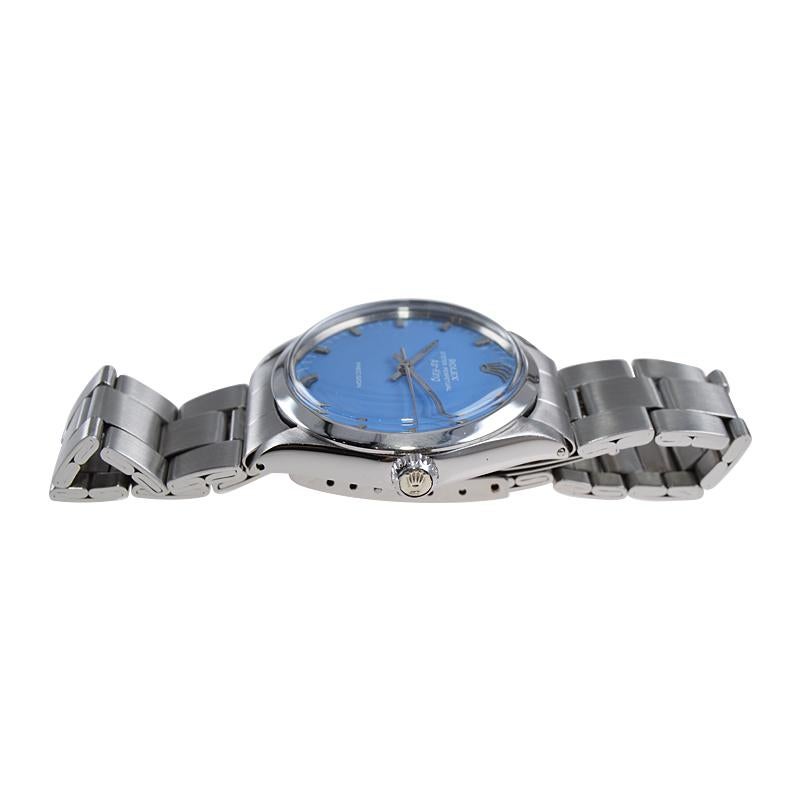 Rolex Montre Oyster Perpetual Air King en acier avec cadran bleu clair personnalisé, 1970 Excellent état - En vente à Long Beach, CA