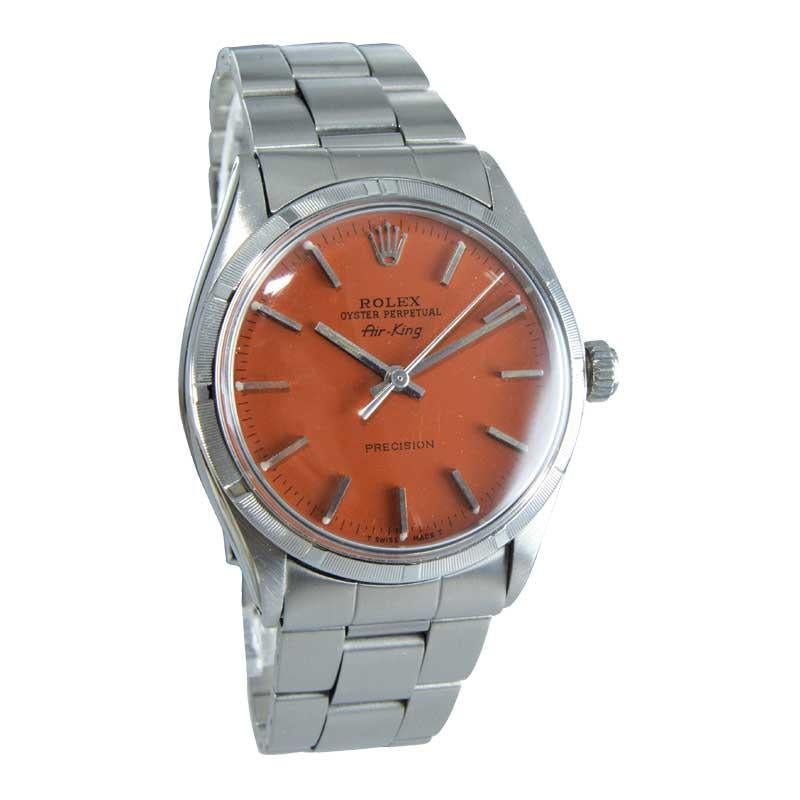 Rolex Steel Oyster Perpetual Air King with Custom Orange Dial, Early 1970s In Excellent Condition For Sale In Long Beach, CA