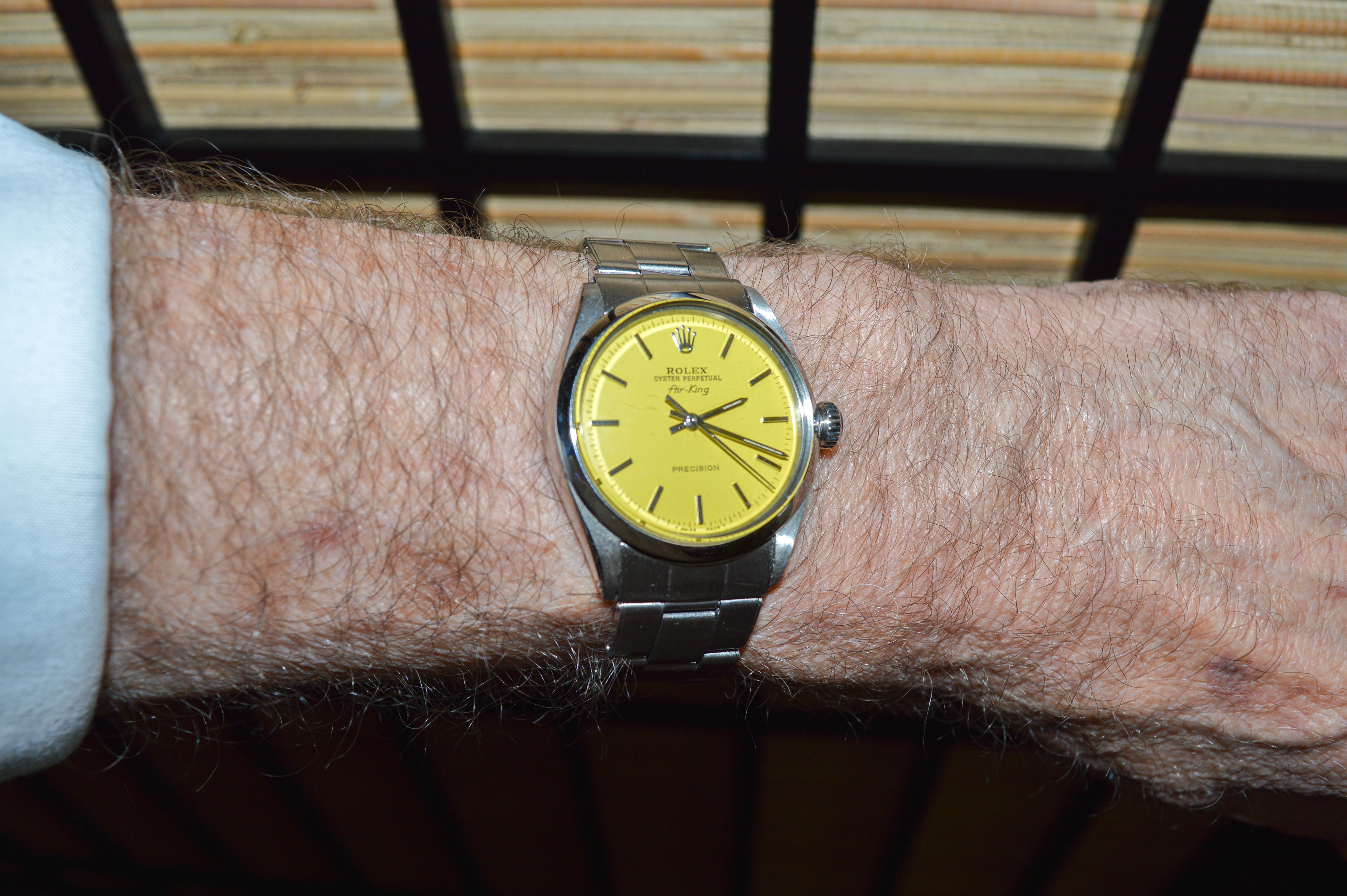 Rolex Steel Oyster Perpetual Air King with Custom Yellow Dial 1970s For Sale 10