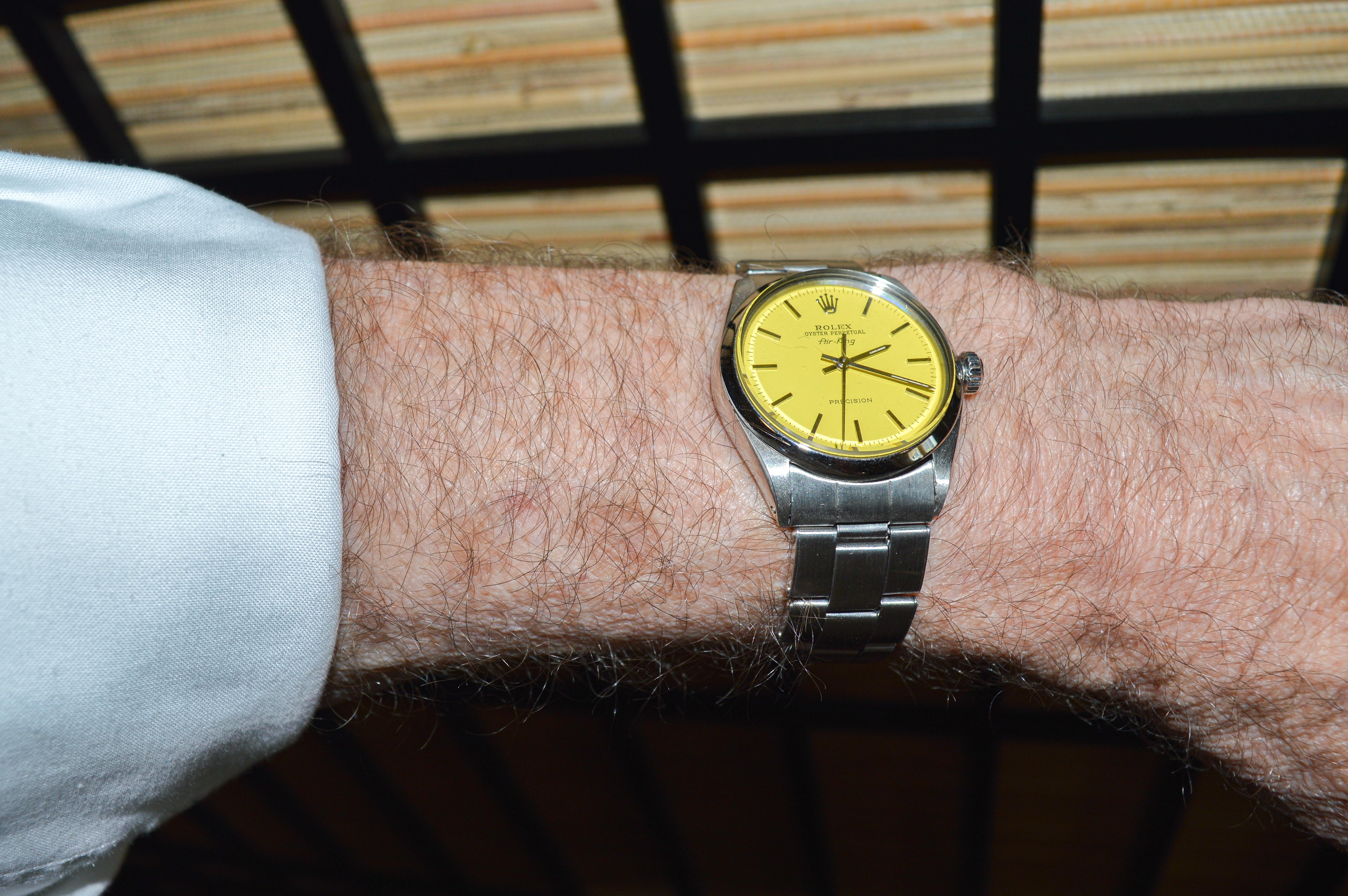Rolex Steel Oyster Perpetual Air King with Custom Yellow Dial 1970s For Sale 11