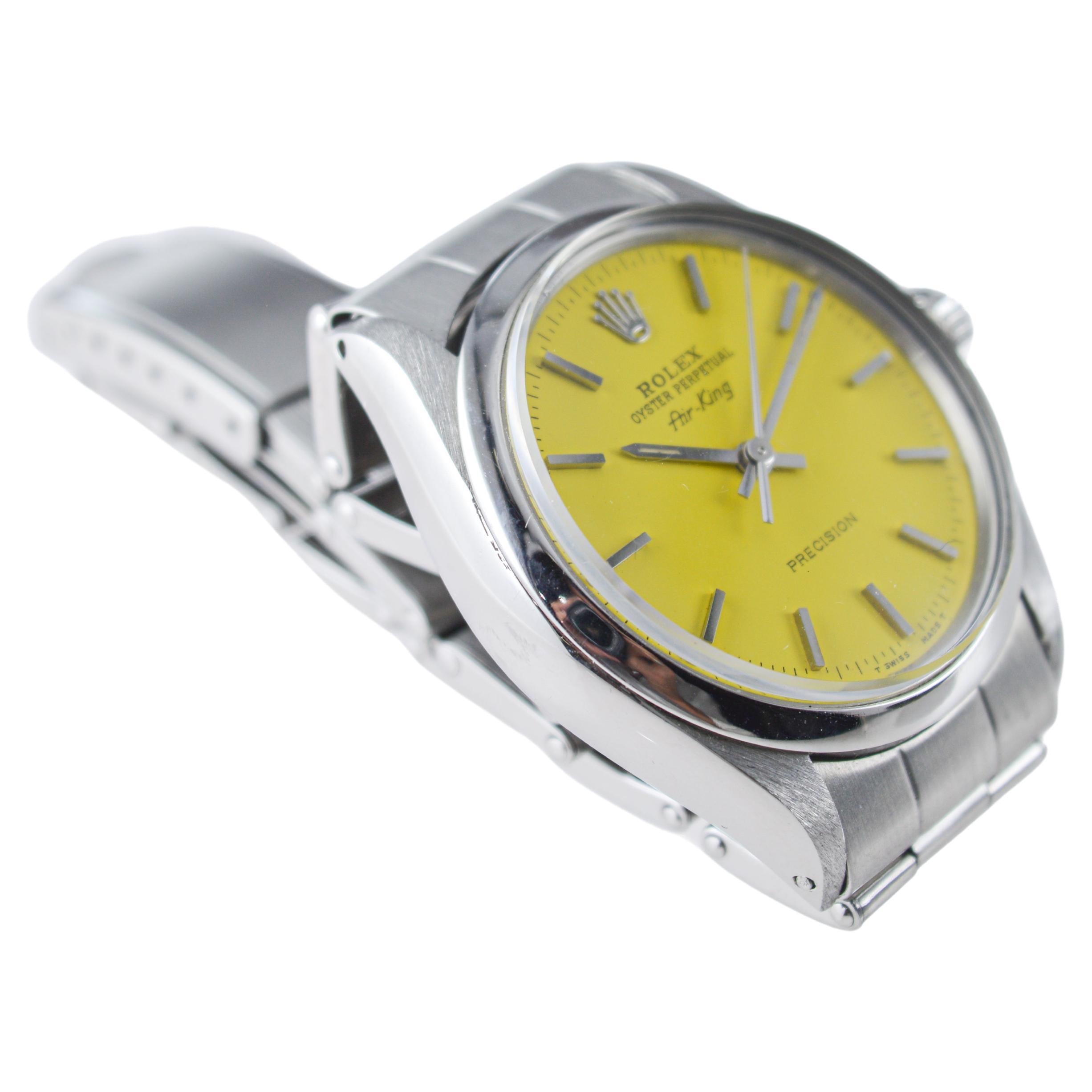 Rolex Steel Oyster Perpetual Air King with Custom Yellow Dial 1970s For Sale 3