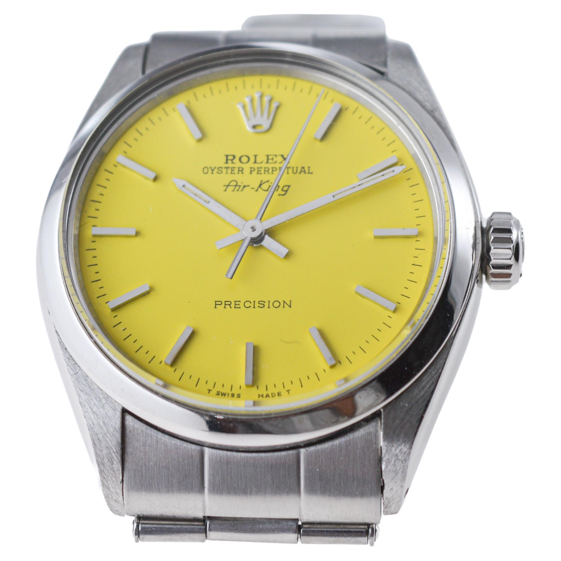 Rolex Steel Oyster Perpetual Air King with Custom Yellow Dial 1970s For Sale 4