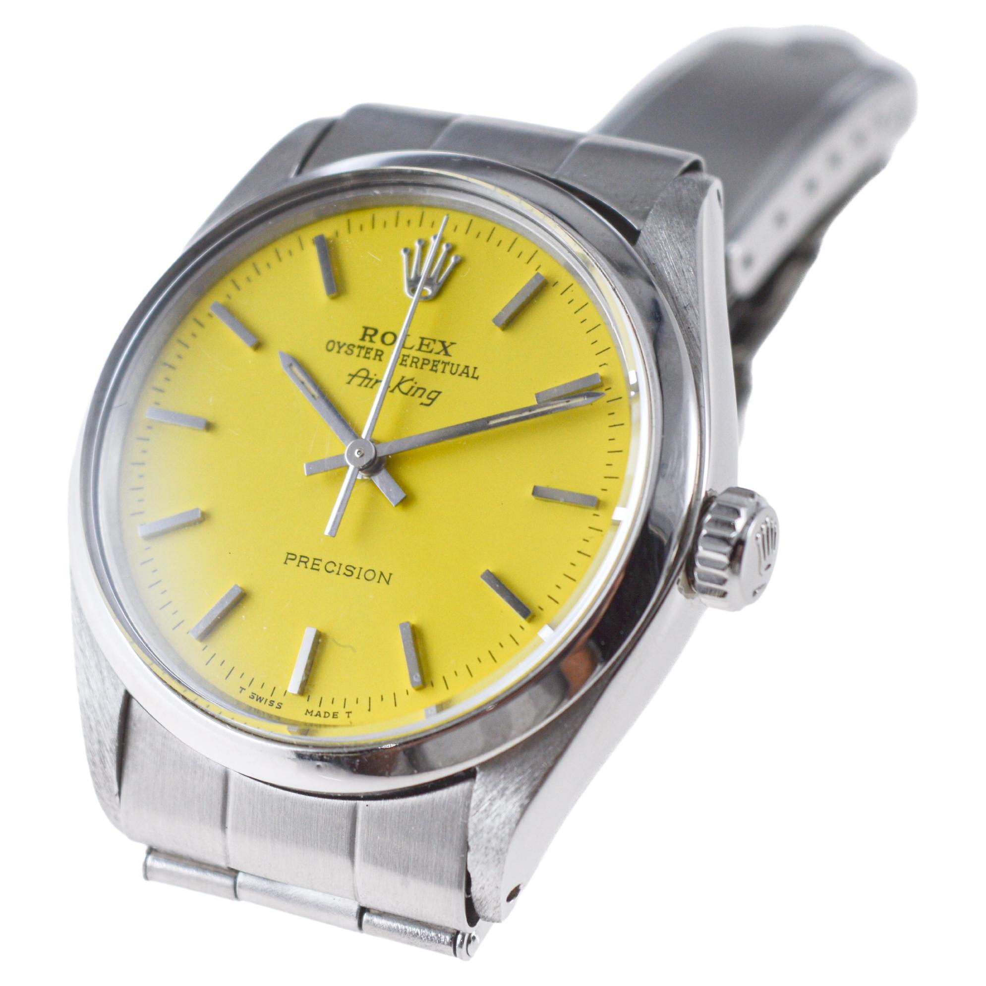 Rolex Steel Oyster Perpetual Air King with Custom Yellow Dial 1970s For Sale 5