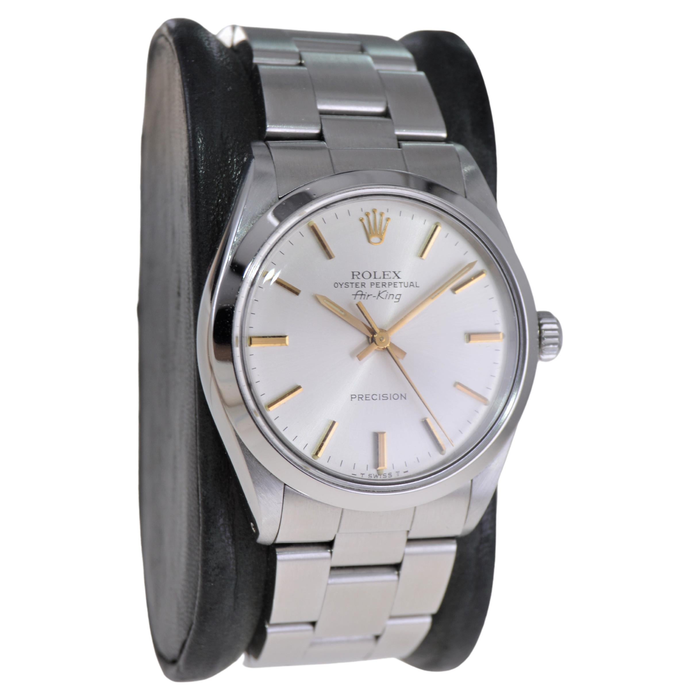 FACTORY / HOUSE: Rolex Watch Company
STYLE / REFERENCE: Oyster Perpetual Air King / Reference 5500/1002
METAL / MATERIAL: Stainless Steel
CIRCA / YEAR: 1970's
DIMENSIONS / SIZE: Length 40mm x Diameter 34mm
MOVEMENT / CALIBER: Perpetual Winding /