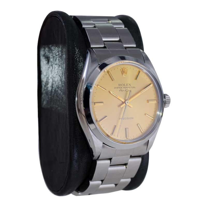 FACTORY / HOUSE: Rolex Factory House
STYLE / REFERENCE: Oyster Perpetual Air King / Reference 5500
METAL / MATERIAL: Stainless Steel
CIRCA / YEAR: 1970's
DIMENSIONS / SIZE: Length 39mm x Diameter 34mm
MOVEMENT / CALIBER: Perpetual Winding / 26