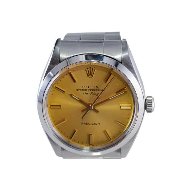 Modernist Rolex Steel Oyster Perpetual Air King with Original Factory Gold Dial  For Sale