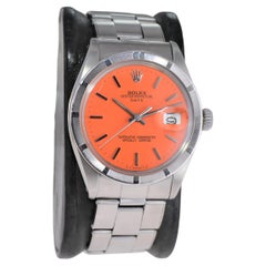 Rolex Steel Oyster Perpetual Date Custom Orange Dial Engine Turned Bezel 1970's