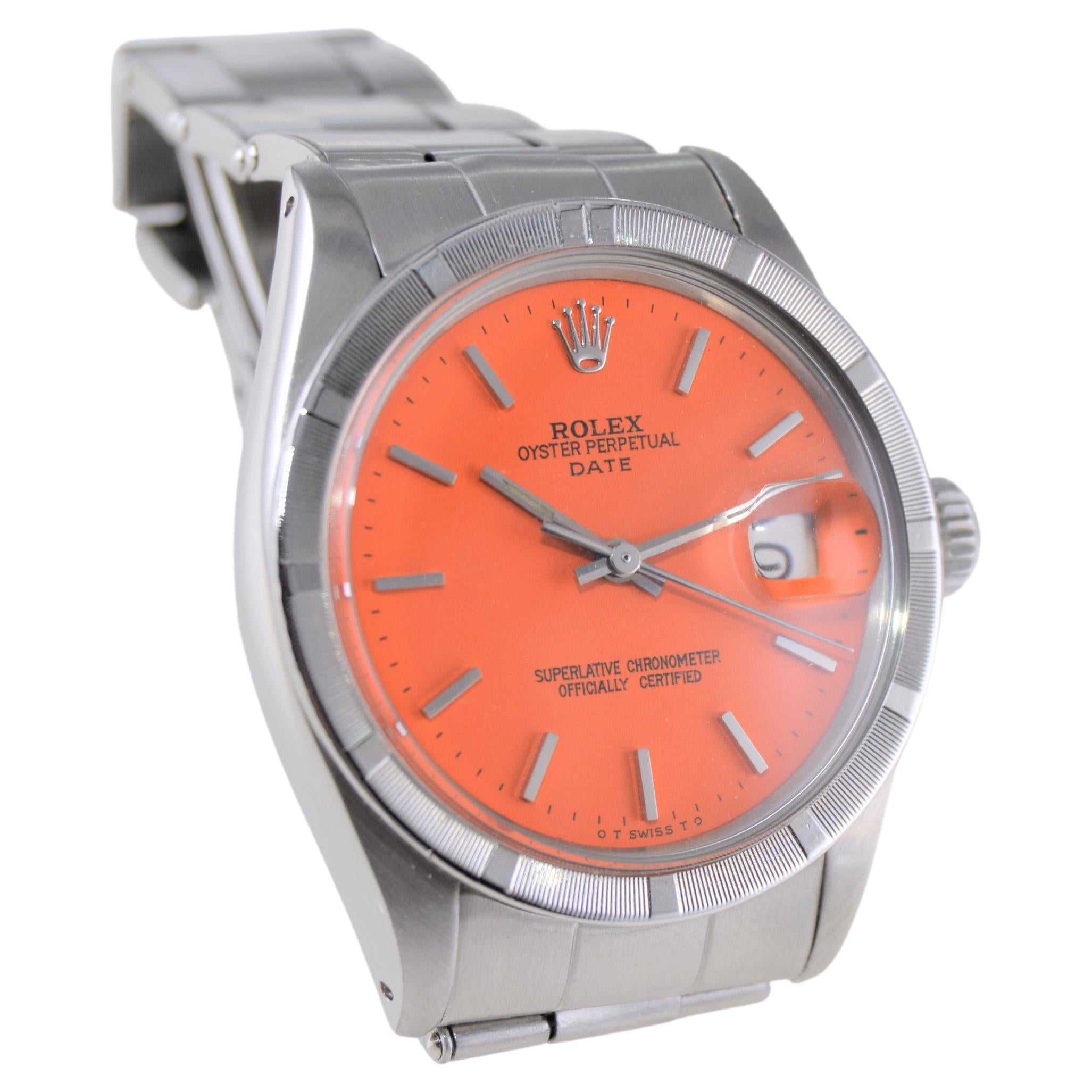 Moderne Rolex Montre Oyster Perpetual Date en acier avec cadran orange sur mesure et lunette tournée, années 1970 en vente