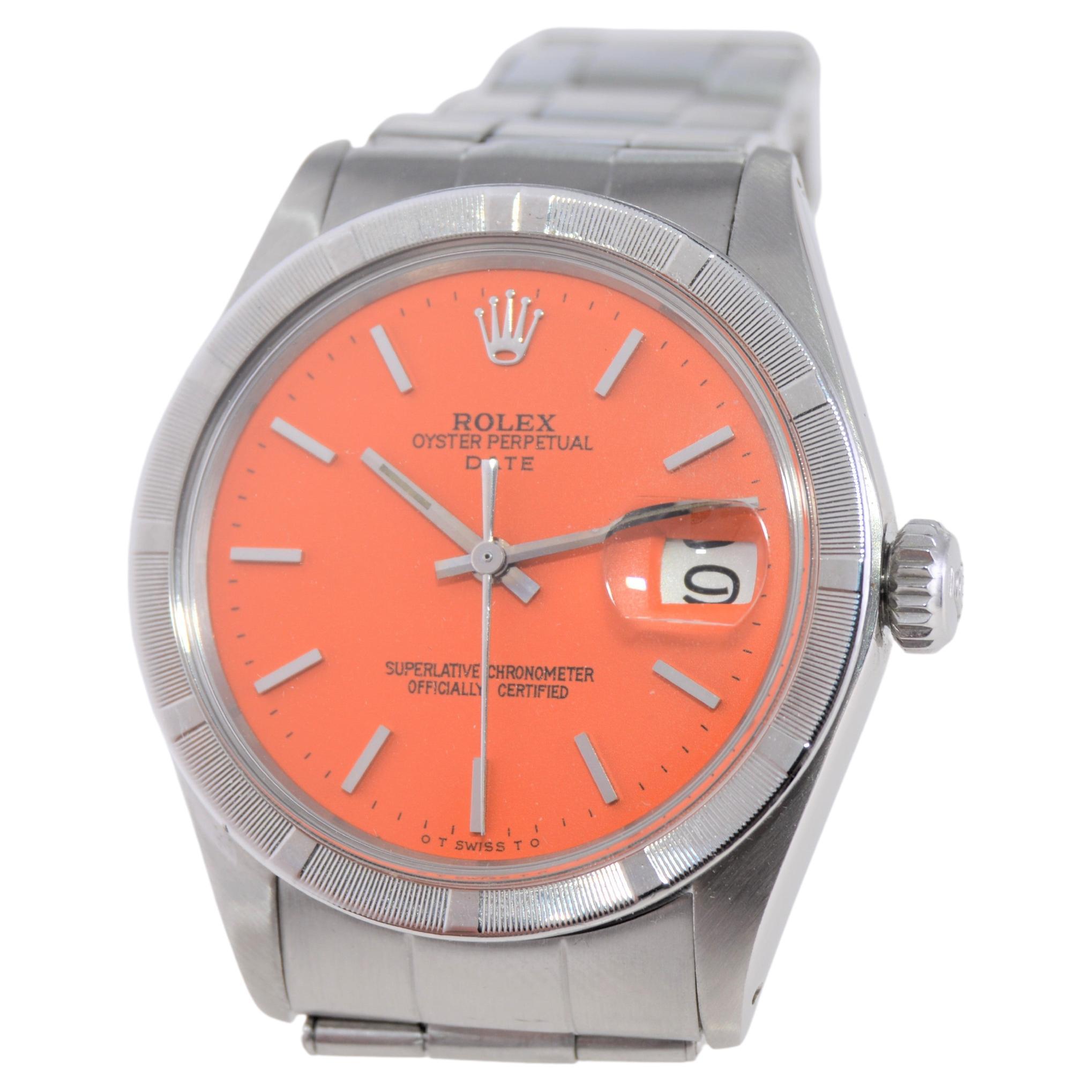 Modern Rolex Steel Oyster Perpetual Date Custom Orange Dial Engine Turned Bezel 1970's For Sale