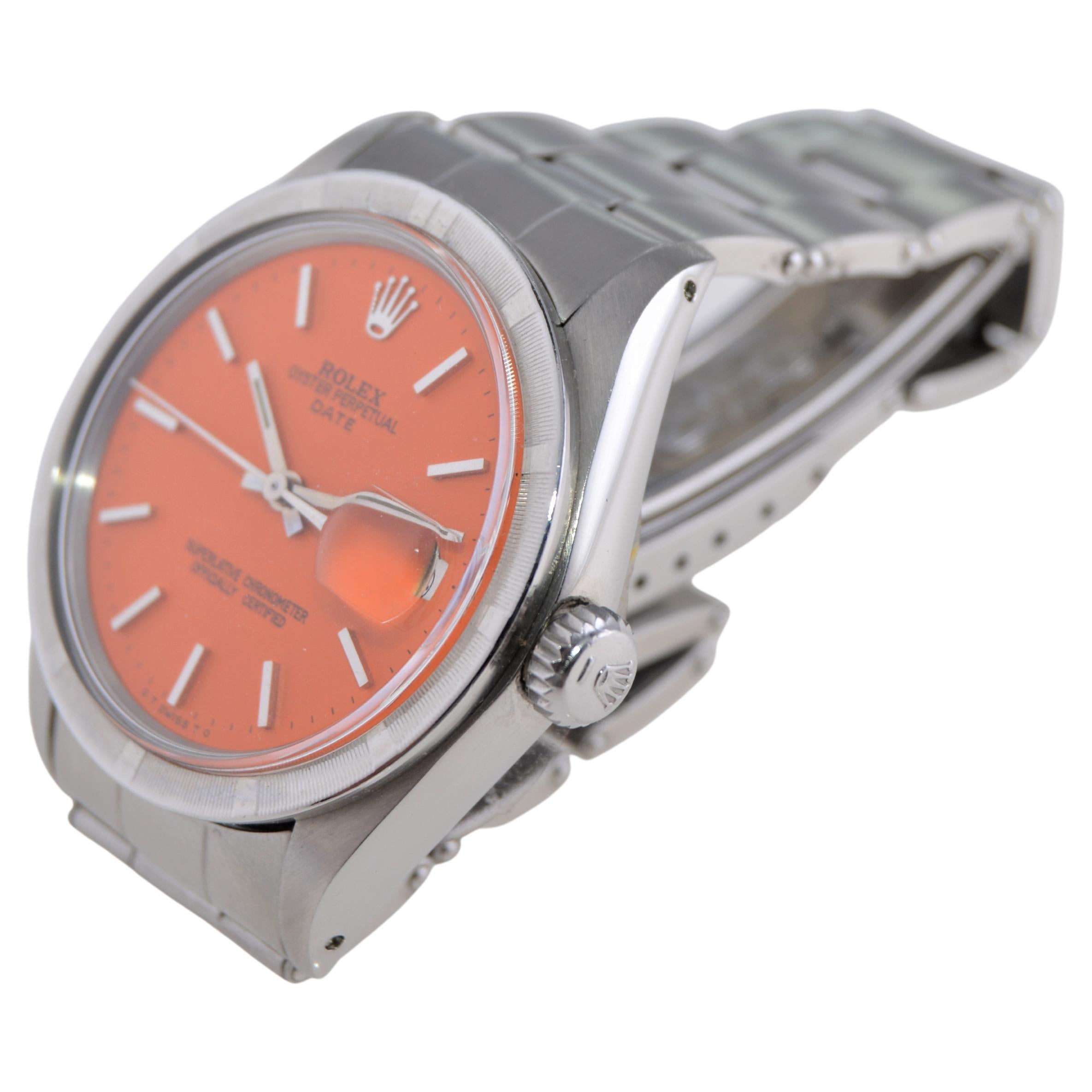 Rolex Montre Oyster Perpetual Date en acier avec cadran orange sur mesure et lunette tournée, années 1970 en vente 1