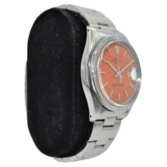 Rolex Steel Oyster Perpetual Date Custom Orange Dial Engine Turned Bezel