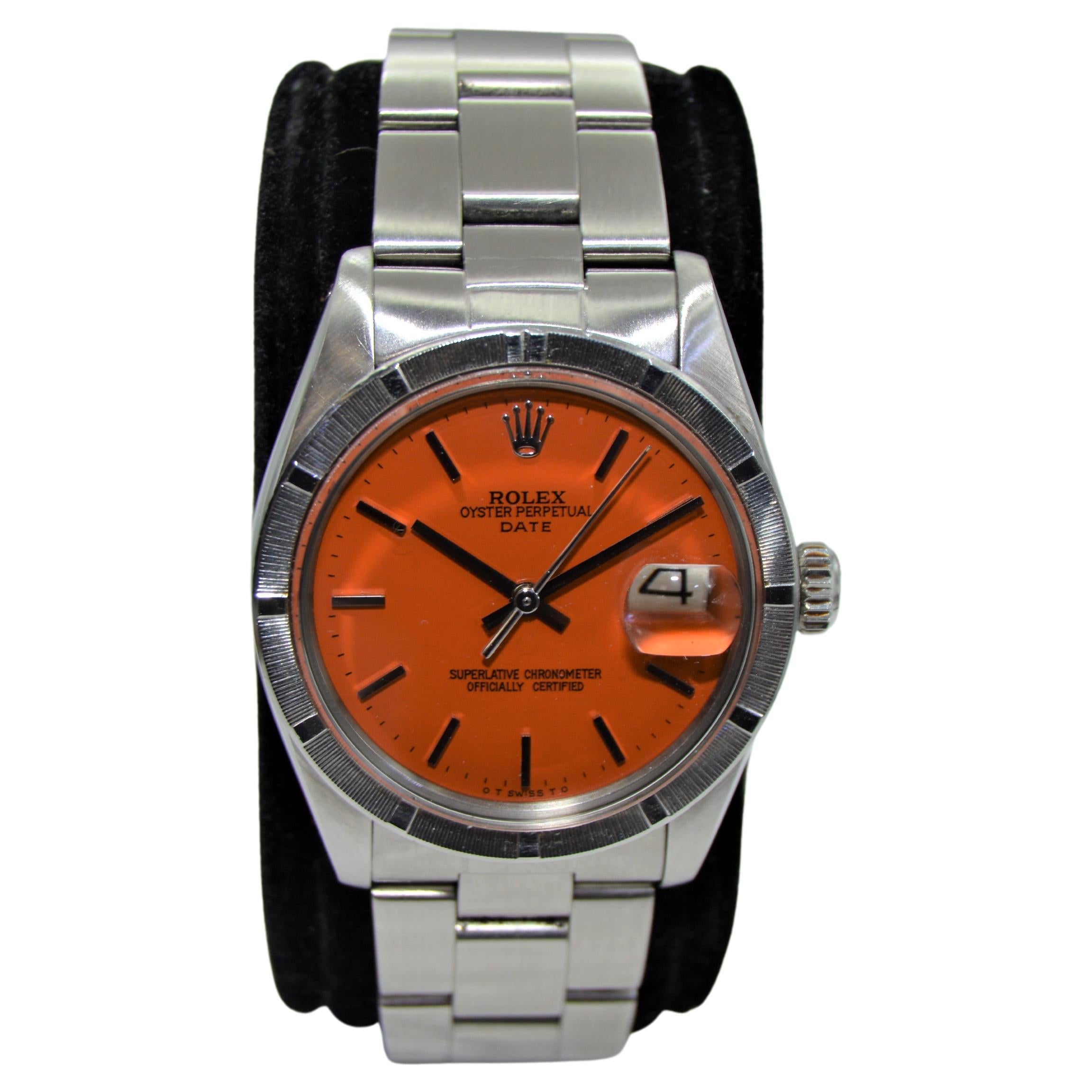 Moderne Rolex Montre Oyster Perpetual Date en acier avec cadran orange sur mesure et lunette tournée en vente