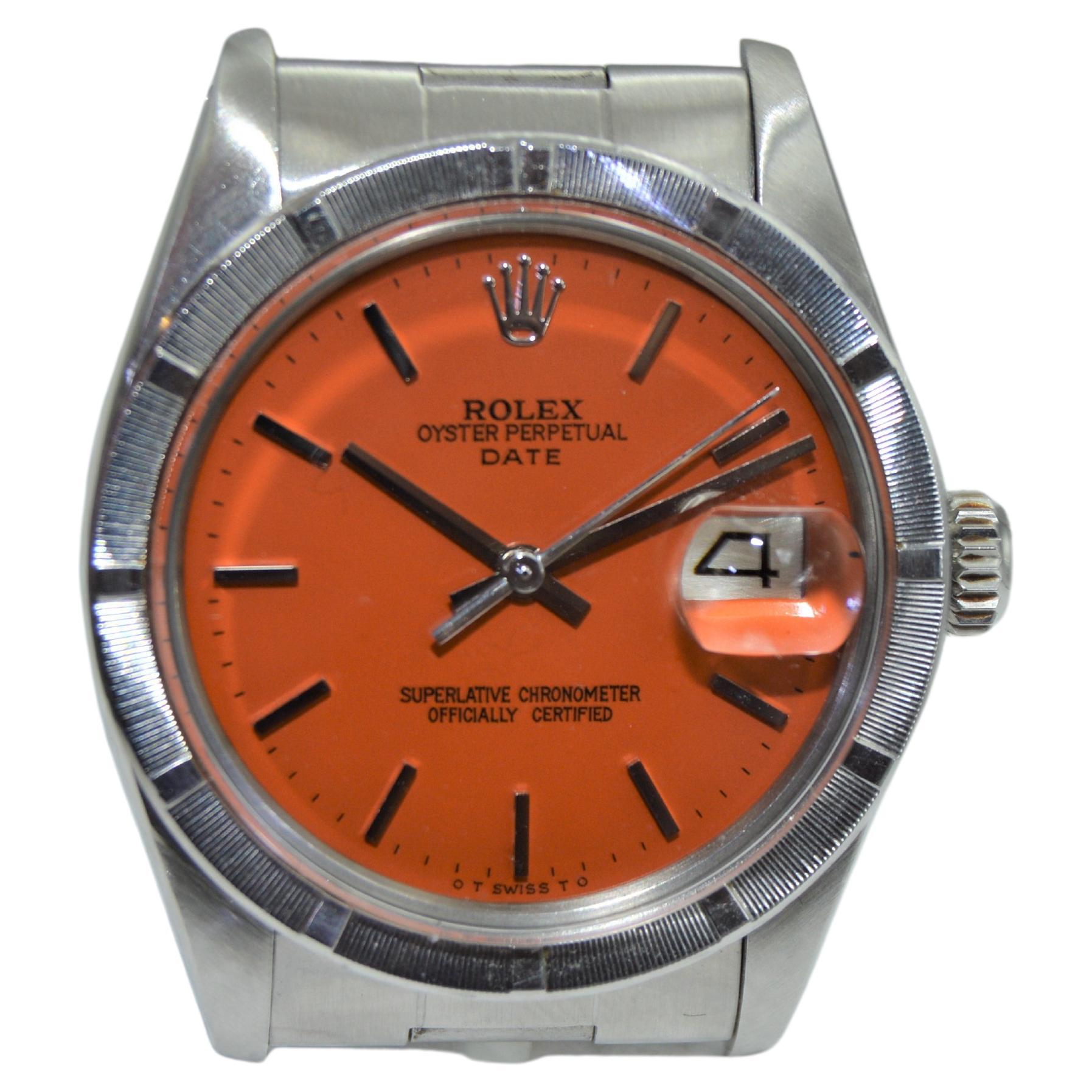 Modern Rolex Steel Oyster Perpetual Date Custom Orange Dial Engine Turned Bezel For Sale