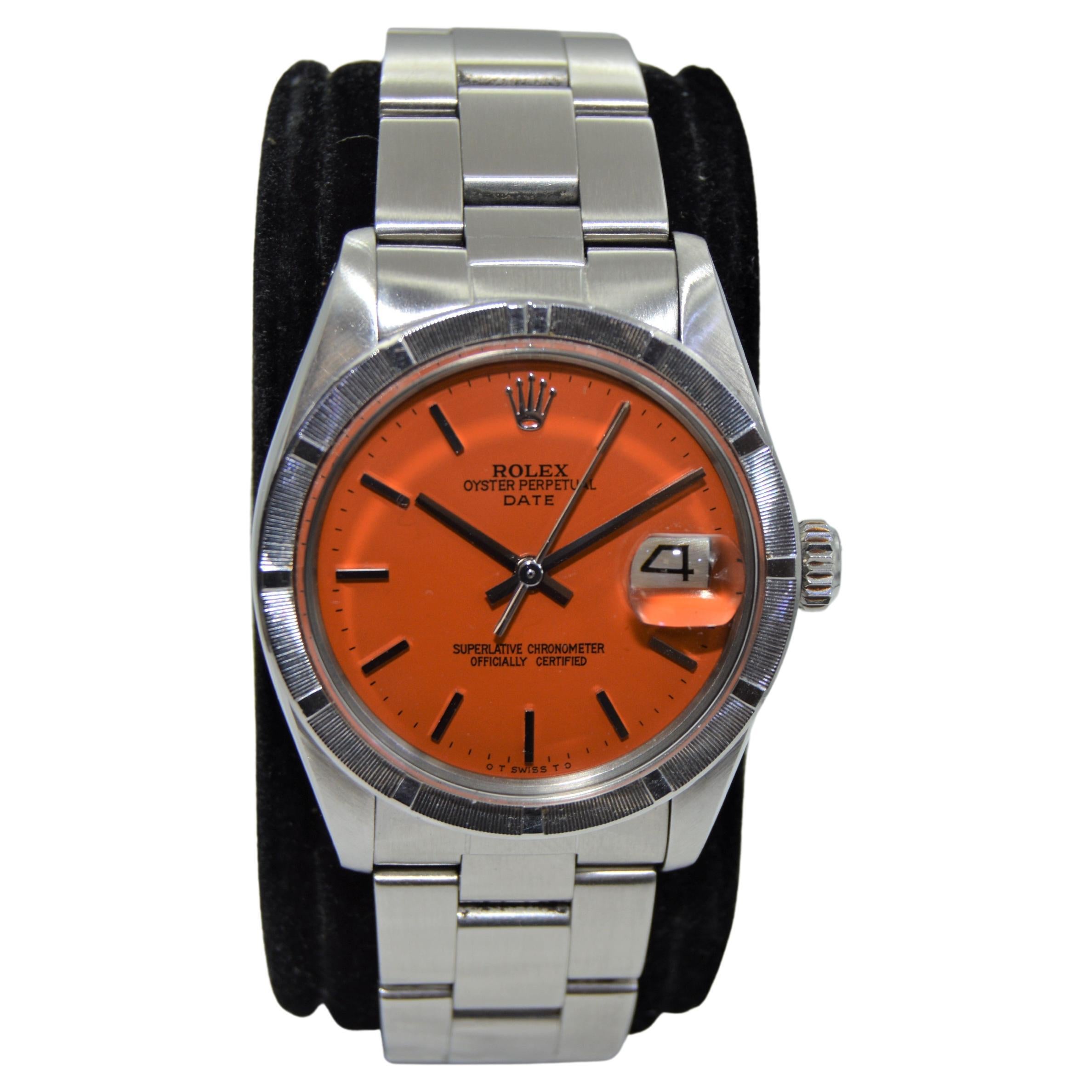 Rolex Steel Oyster Perpetual Date Custom Orange Dial Engine Turned Bezel For Sale