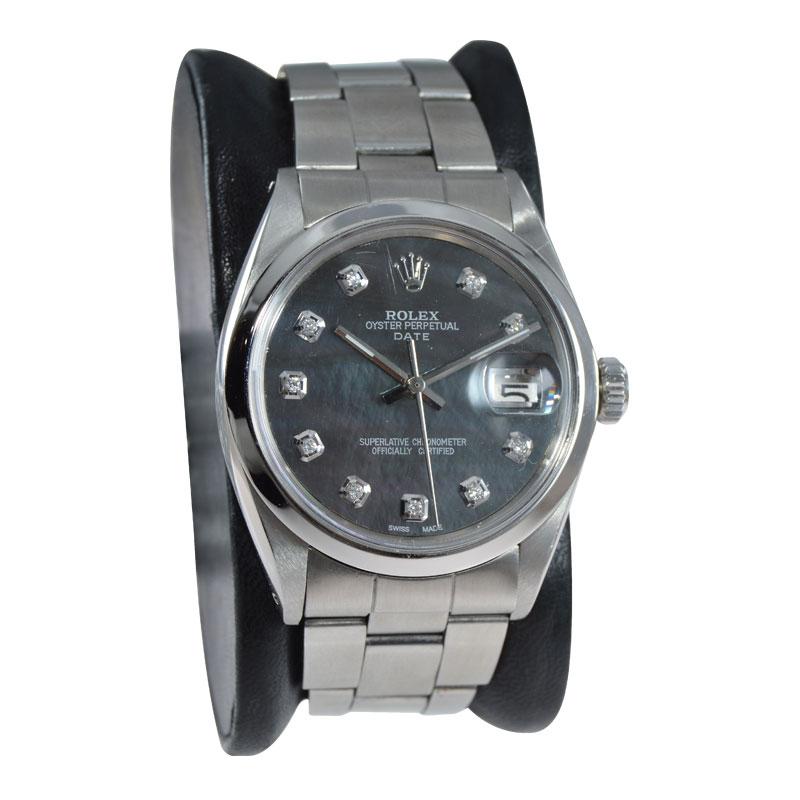 FACTORY / HOUSE: Rolex Watch Company
STYLE / REFERENCE: Oyster Perpetual Date / Reference 1500
METAL / MATERIAL: Stainless Steel
CIRCA / YEAR: 1970
DIMENSIONS / SIZE: Length 42mm x Diameter 34mm 
MOVEMENT / CALIBER: Perpetual Winding / 26 Jewels /