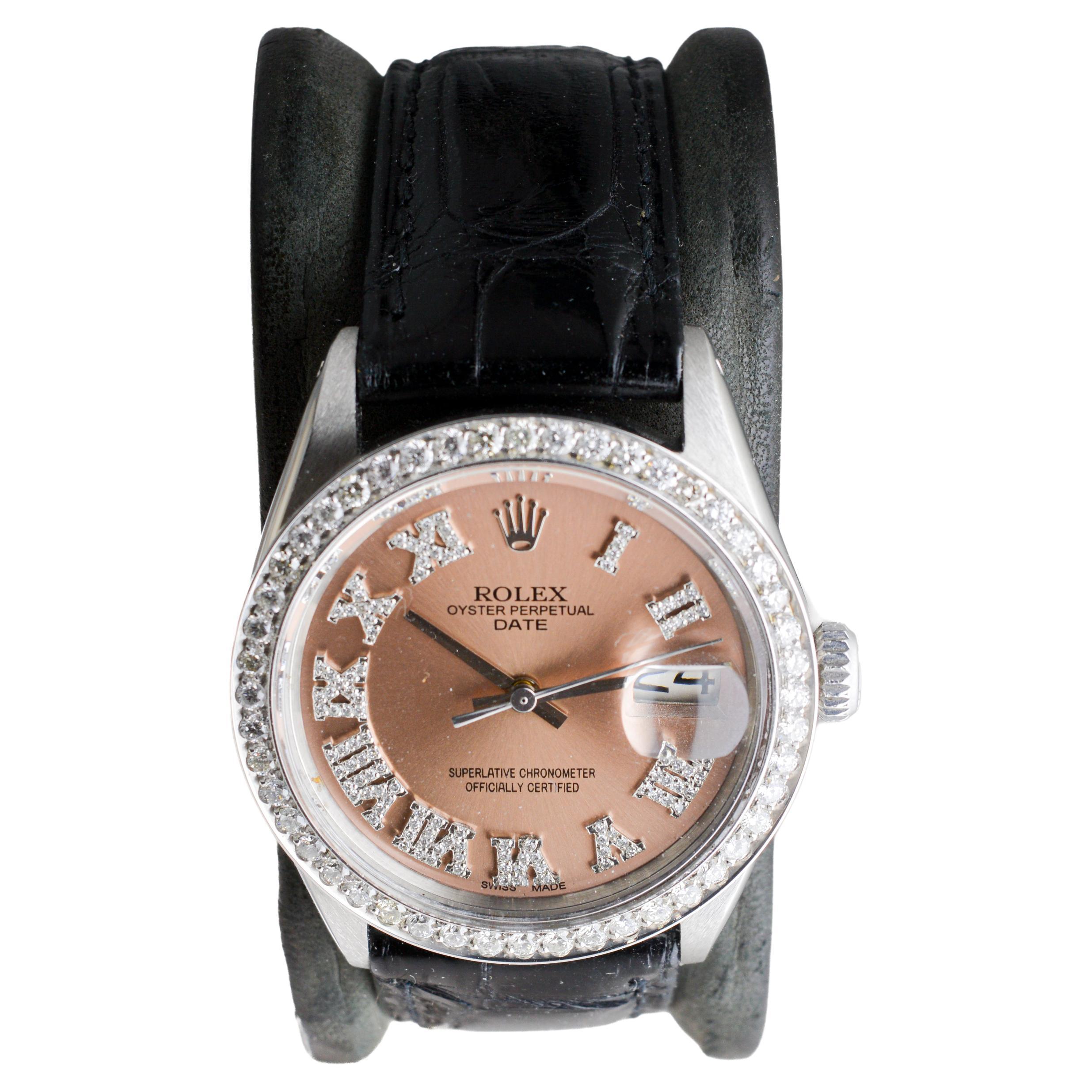 Rolex Steel Oyster Perpetual Date with Custom Copper Dial, Diamond Bezel, 1960's For Sale 7