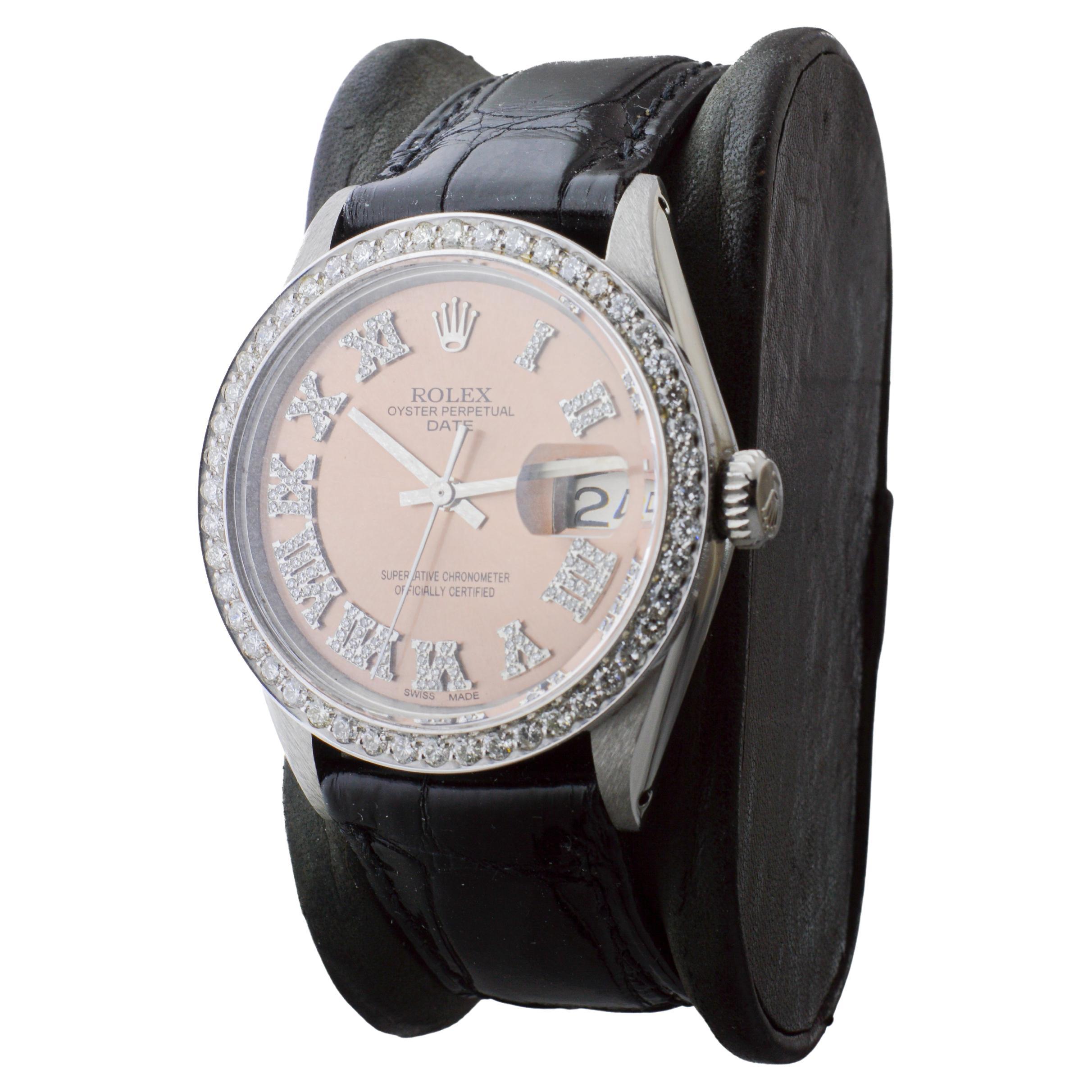 Rolex Steel Oyster Perpetual Date with Custom Copper Dial, Diamond Bezel, 1960's For Sale 8