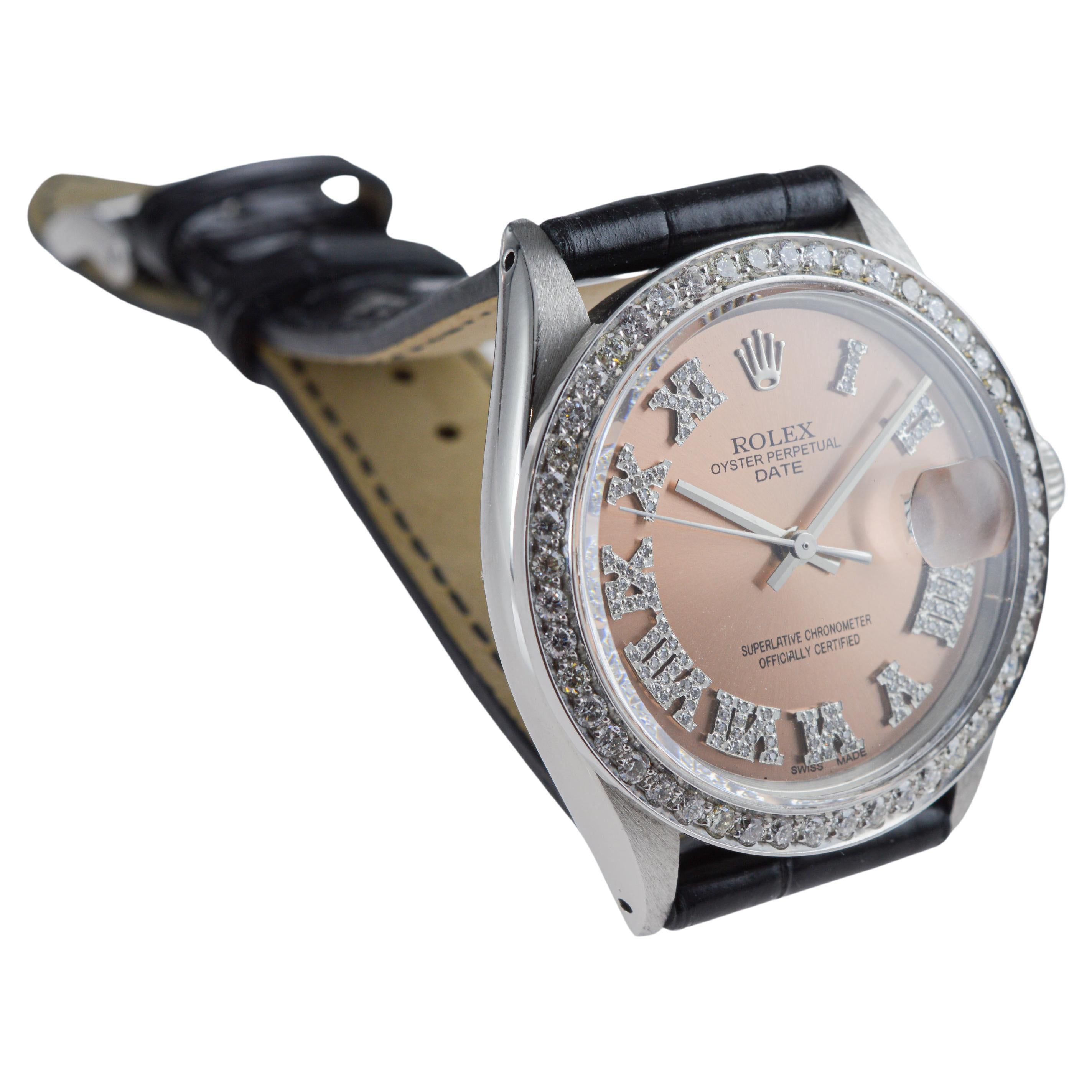 Rolex Steel Oyster Perpetual Date with Custom Copper Dial, Diamond Bezel, 1960's For Sale 9